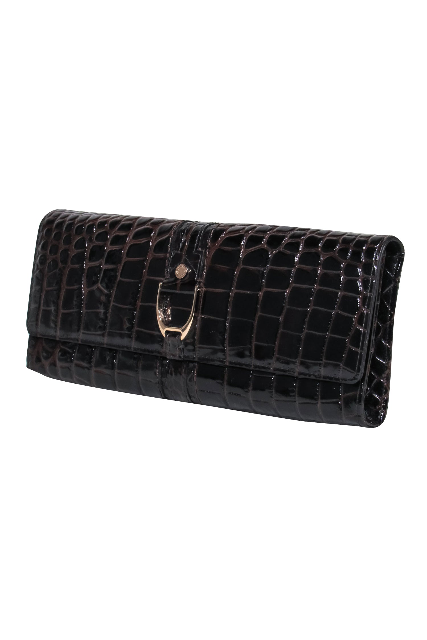 Cole Haan's Stunning Brown Patent Leather Crocodile Embossed Clutch
