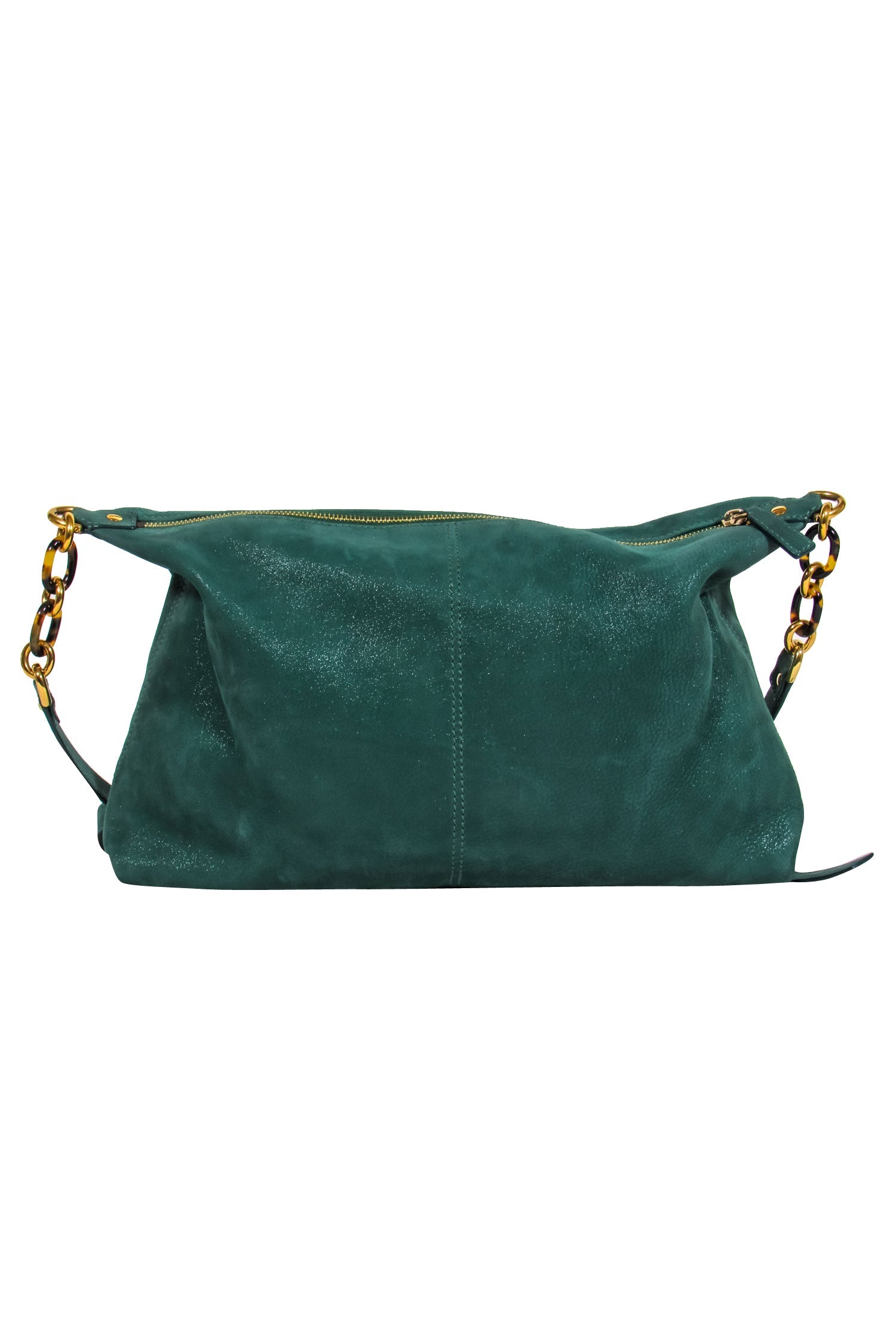 Fendi Metallic Green Suede Crossbody Bag with Tortoise Chain Link