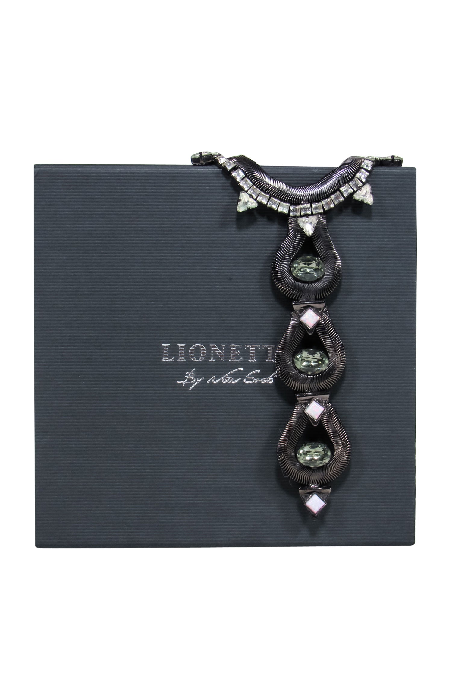 Lionette Gunmetal Jeweled Bar Pendant Statement Necklace