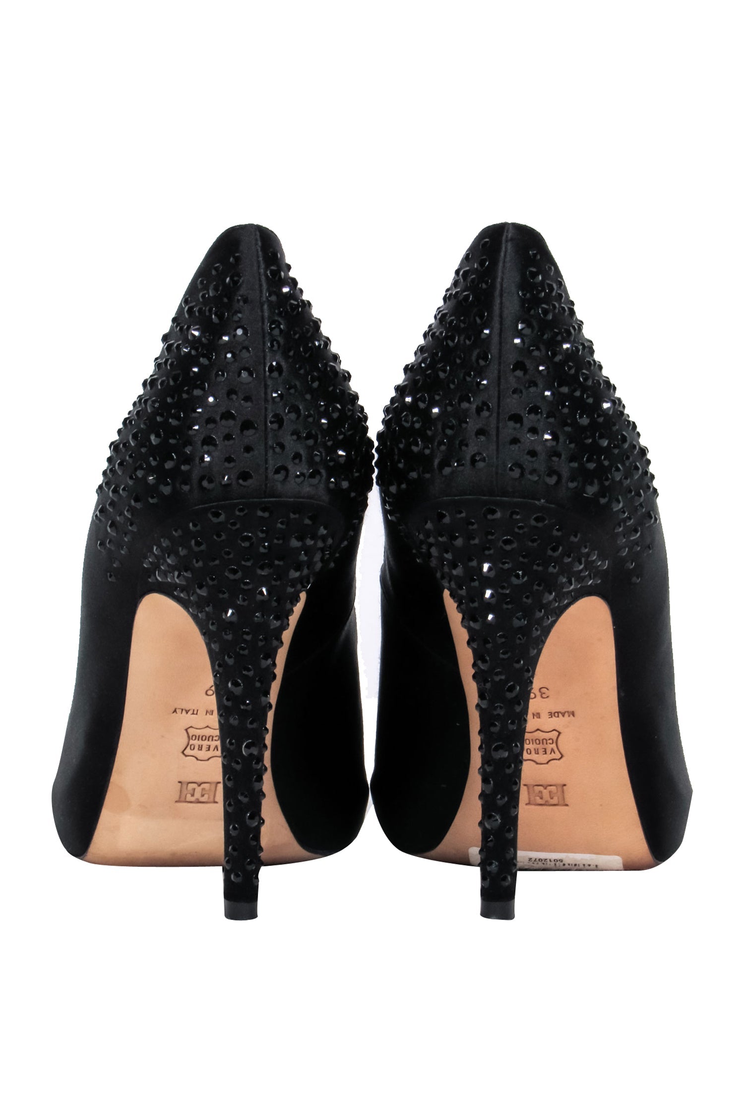 Escada Black Satin Rhinestone-Embellished Open Toe Pumps - Size 9