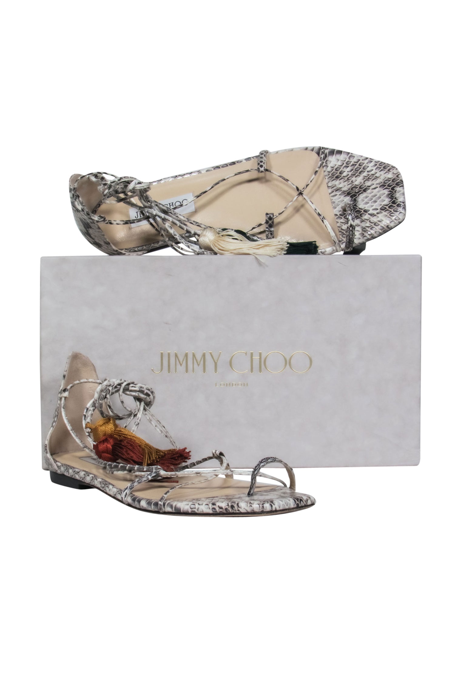 Jimmy Choo's Stunning Light & Dark Grey Snake Print Leather Sandals - Size 9.5