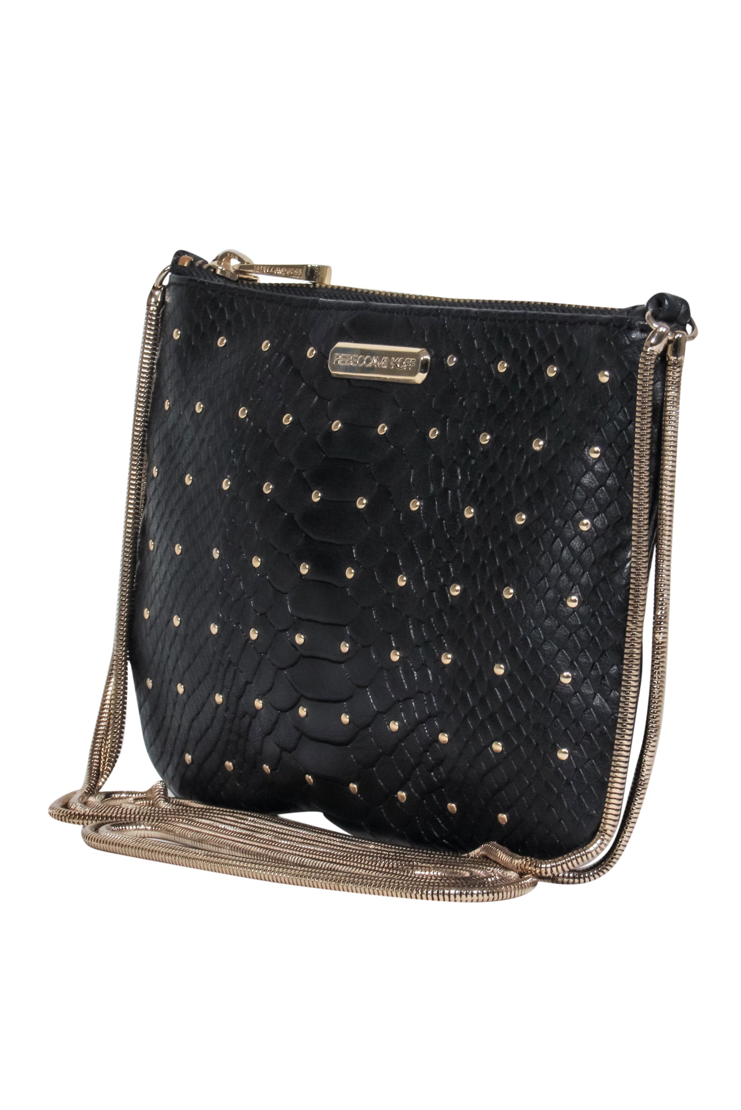 Rebecca Minkoff Black Studded Reptile Leather Crossbody with Double Chain Strap - The Ultimate Daytime Essential