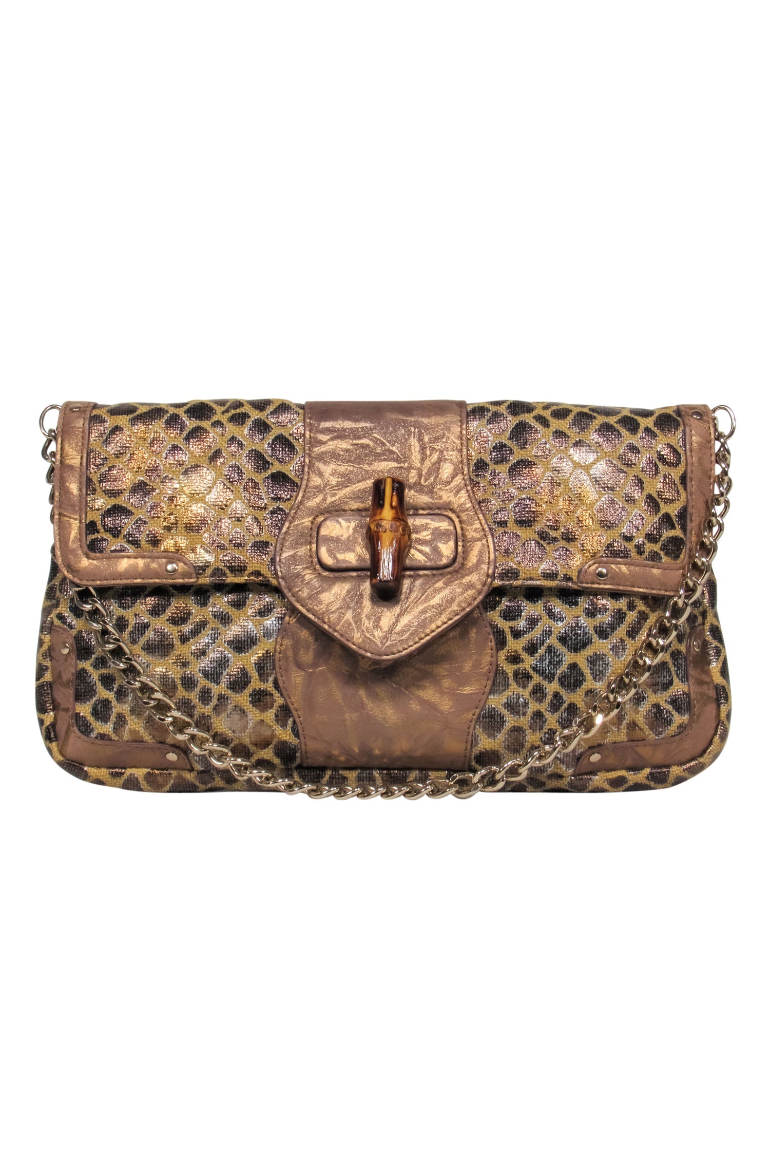 Elaine Turner's Stunning Bronze & Tan Giraffe Print Shoulder Bag with Bamboo Clasp