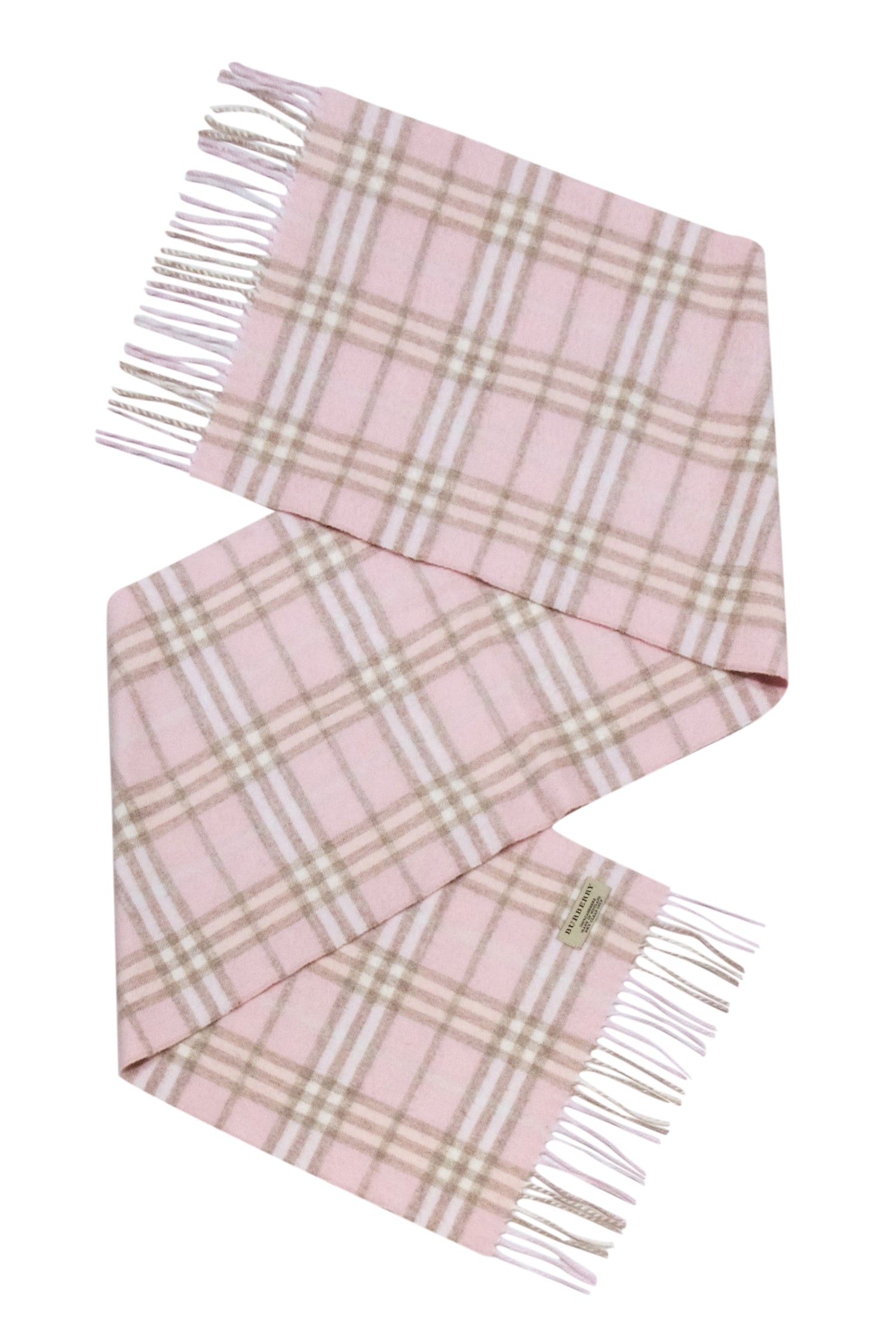 Burberry - Irresistible Pink & Beige Small Plaid Fringe Cashmere Scarf