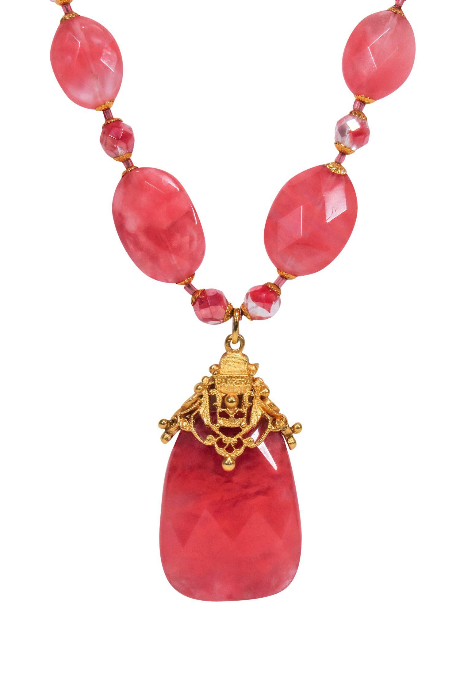 Jose & Maria Barrera - Stunning Gold & Pink Stone Chunky Pendant Necklace