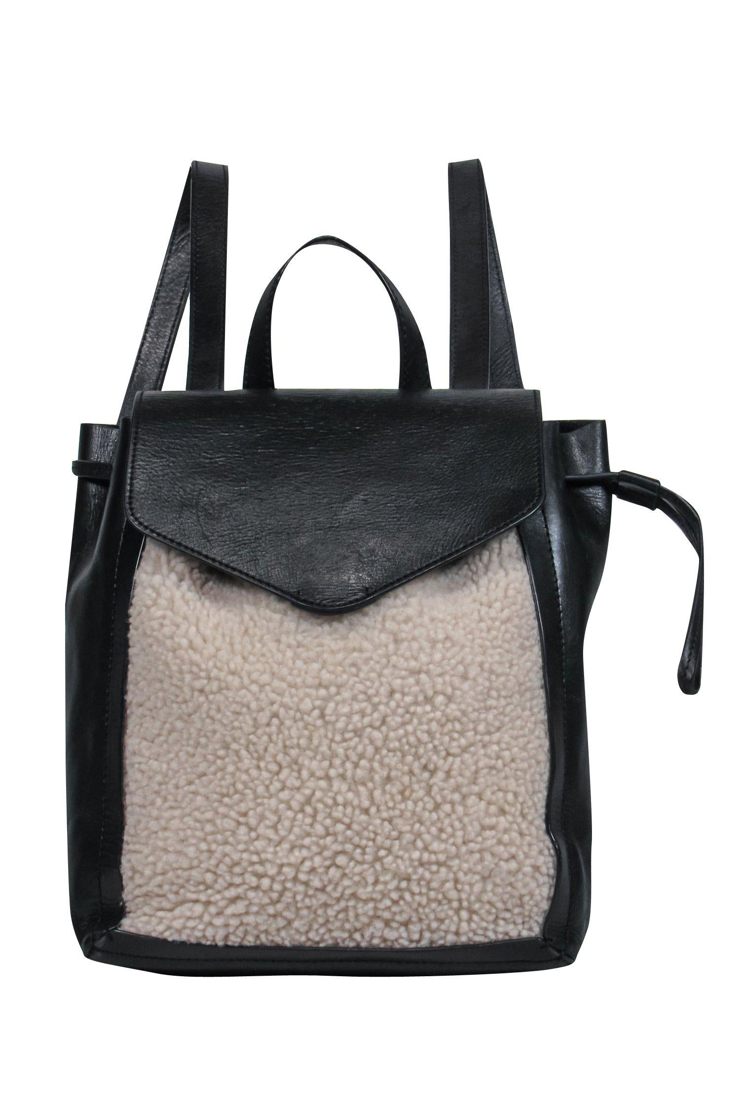 Loeffler Randall's Chic Black Leather Backpack with Fuzzy Shearling