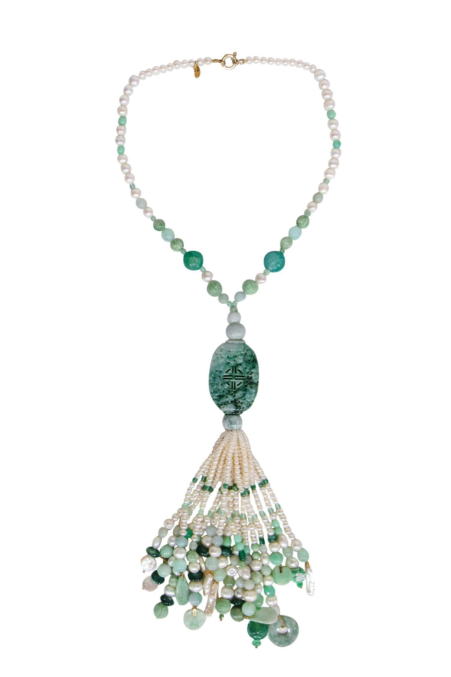 Exquisite Jade & Pearl Carved Tassel Necklace