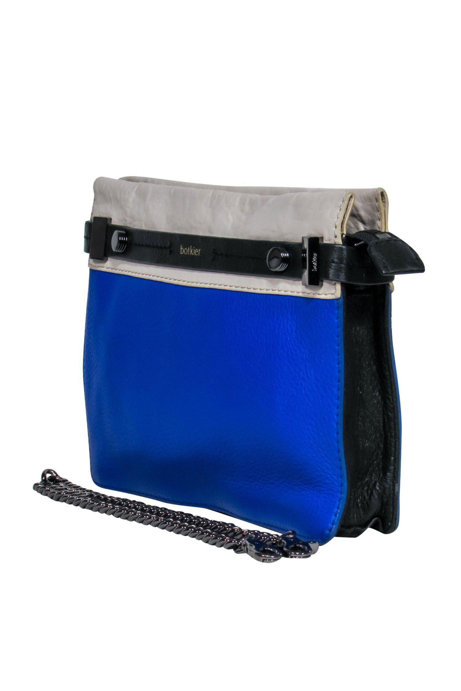 Botkier - Stunning Blue, Black & Cream Colorblocked Pebbled Leather Handbag with Chain Strap