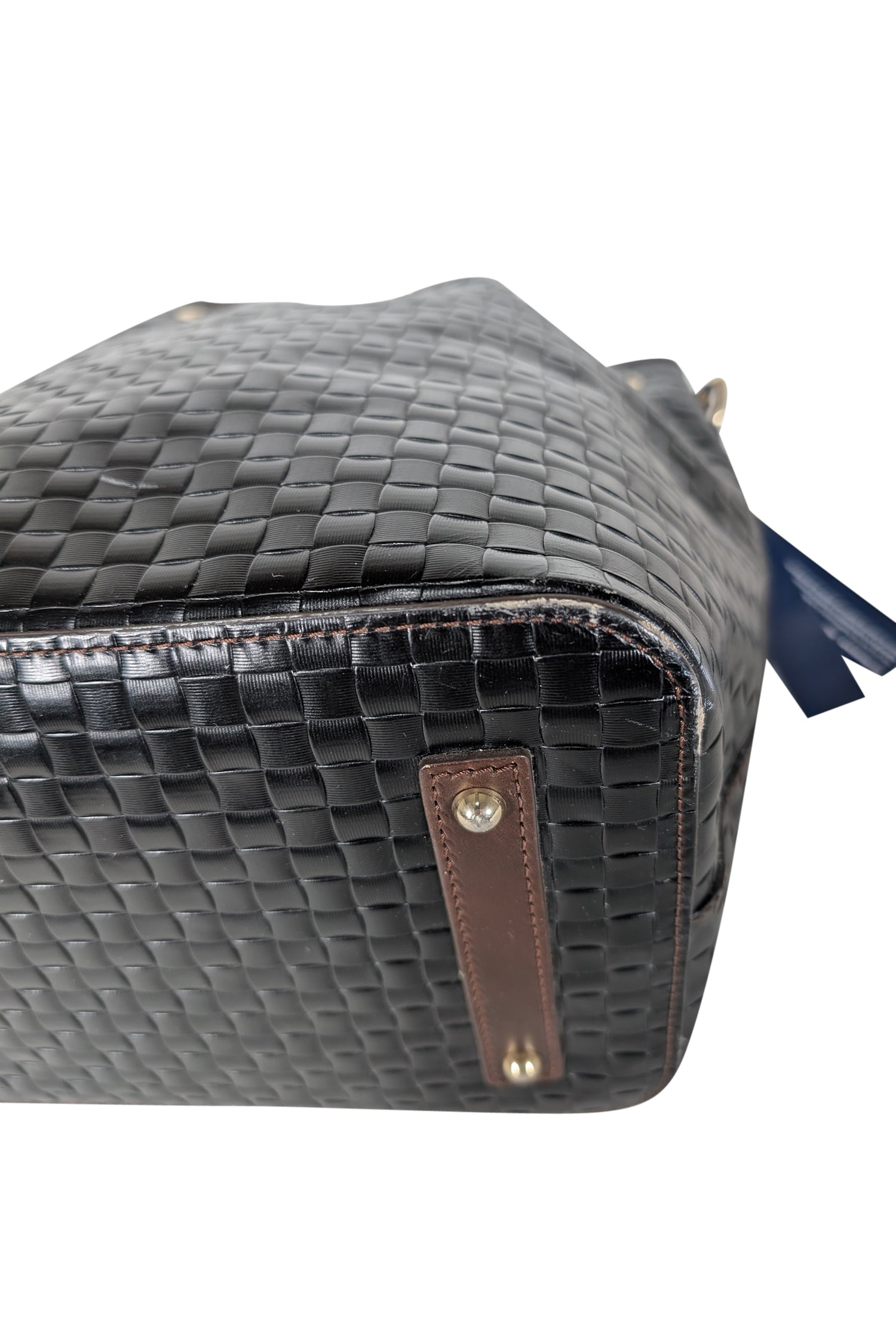 Dooney & Bourke's Stunning Black Woven Leather Bucket Bag with Brown Trim