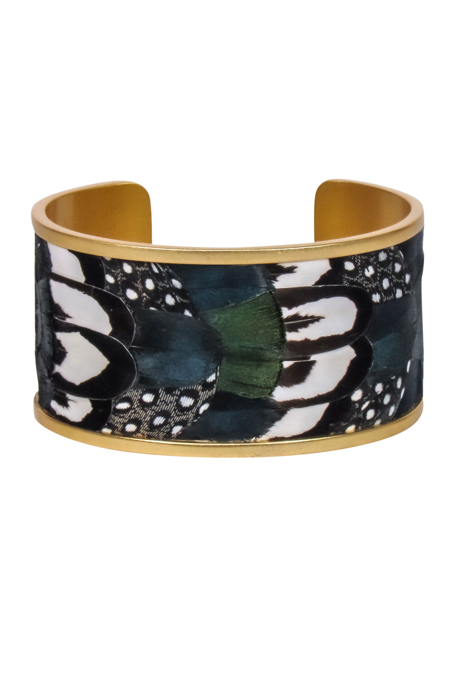 Exquisite Brackish Gold-Plated Feather Cuff Bracelet in Green, Navy & Gold