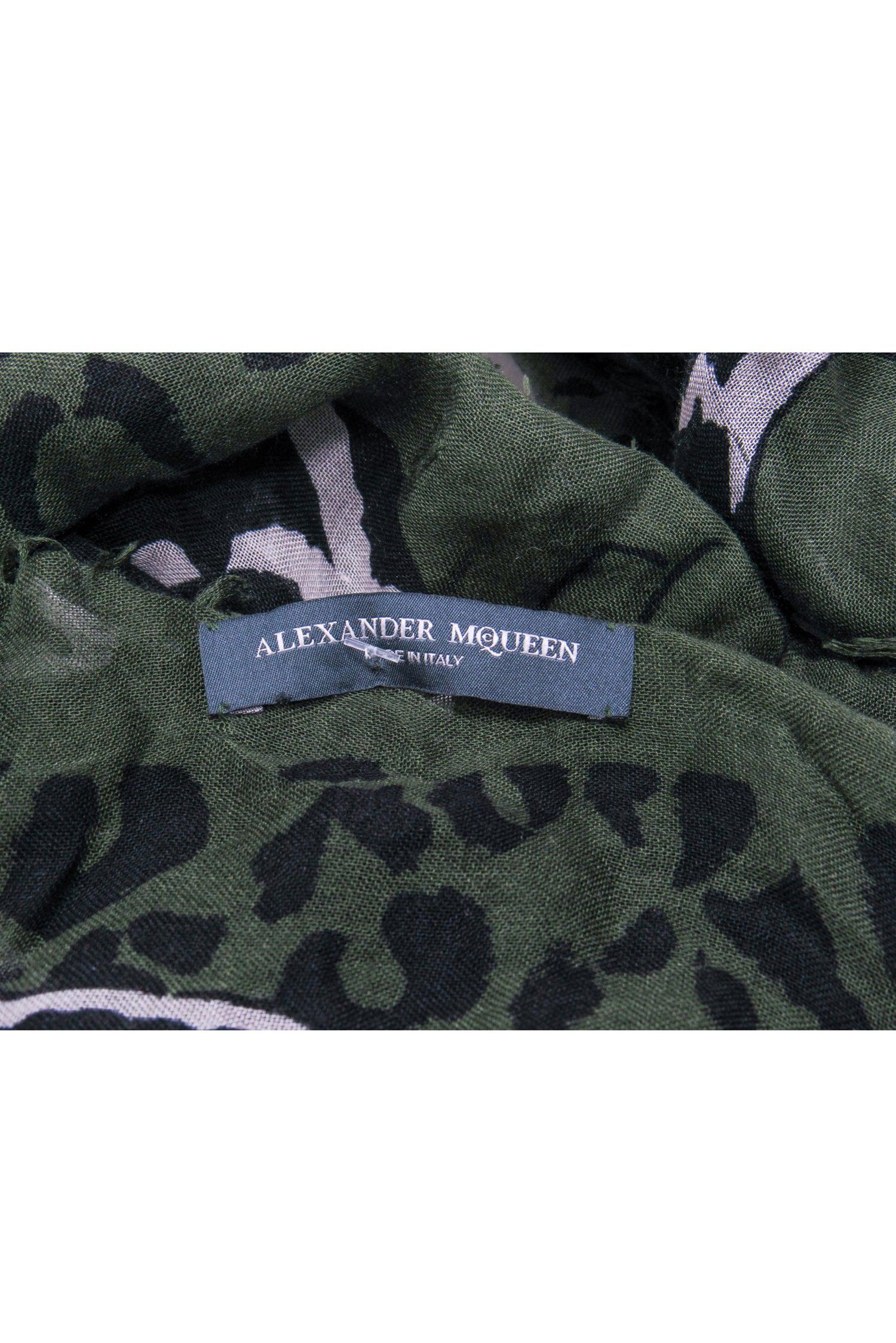 Alexander McQueen - Stunning Dark Green Leopard & Snake Printed Scarf with Frayed Edges