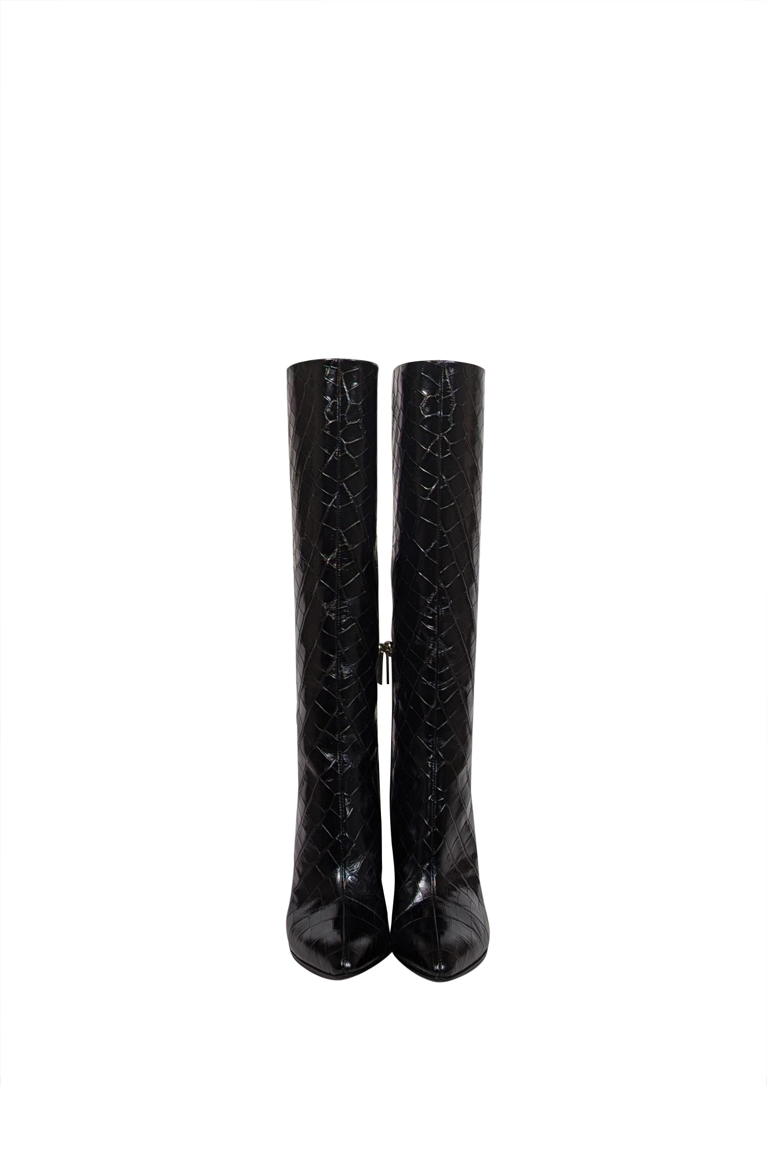 Chloe's Stunning Black Patent Croc Embossed Leather Tall Boots - Size 7.5