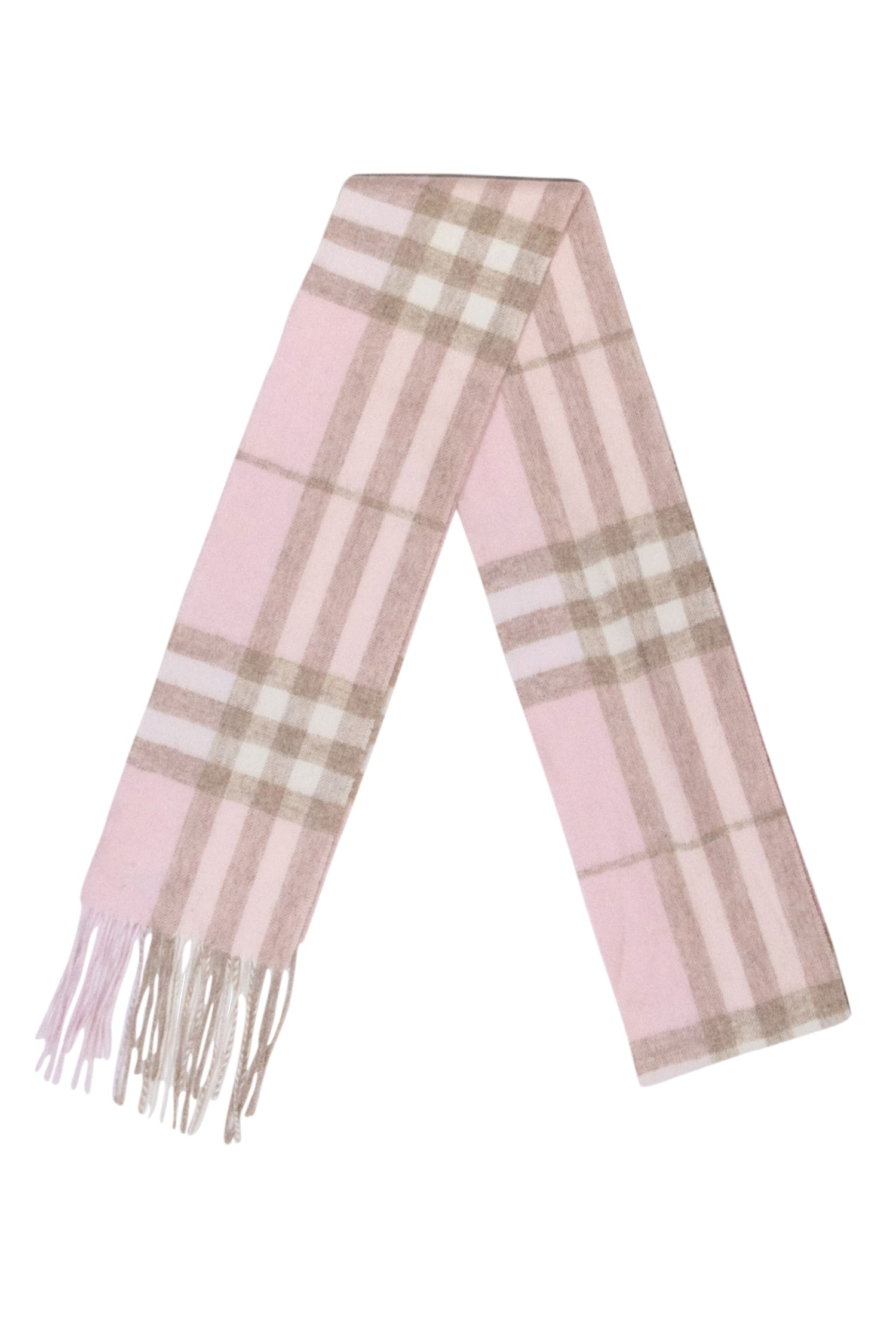 Burberry - Irresistible Pink & Beige Small Plaid Fringe Cashmere Scarf