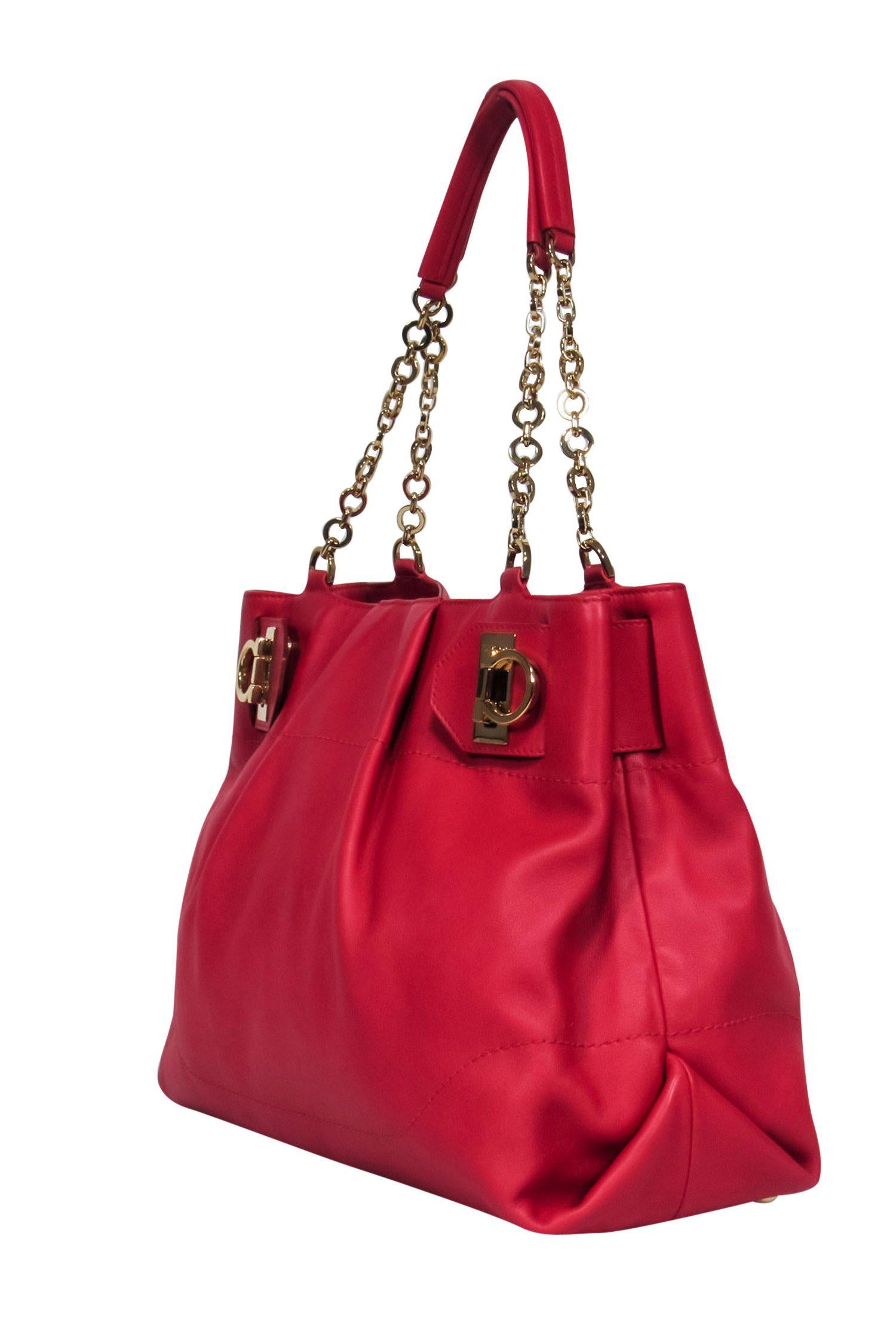 Ferragamo's Stunning Red Leather Large Chain Handle Tote - Grab Yours Now!