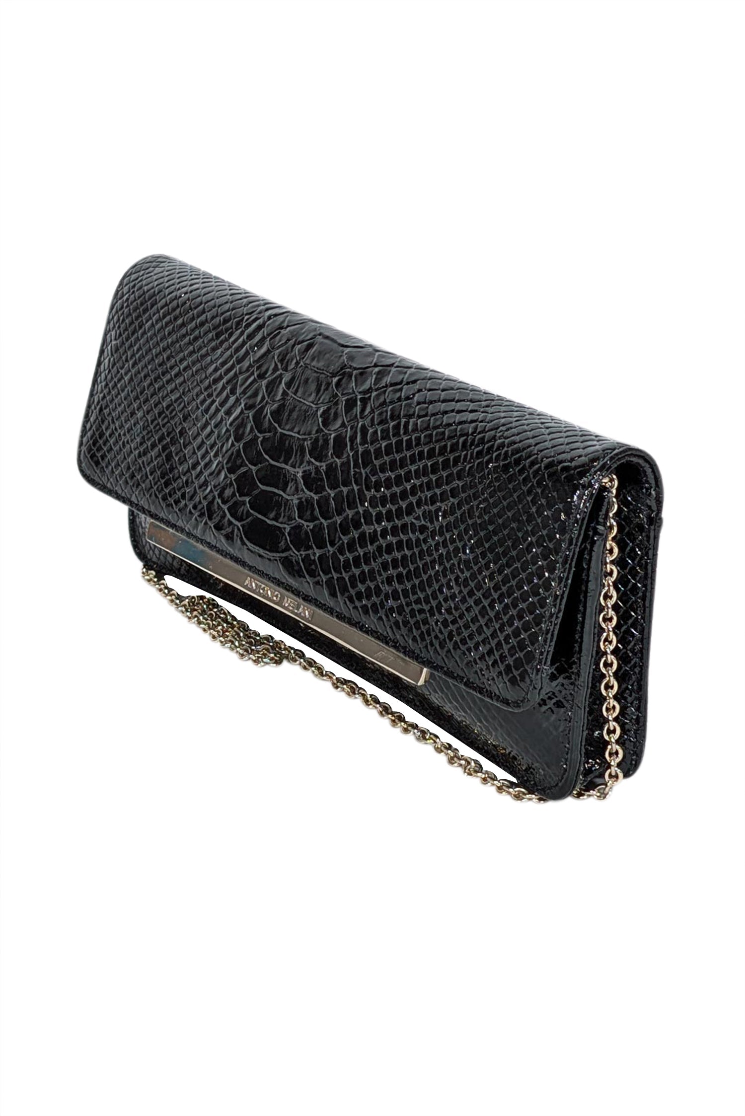 Antonio Melani's Alluring Black Patent Croc-Embossed Shoulder Bag with Chain Strap