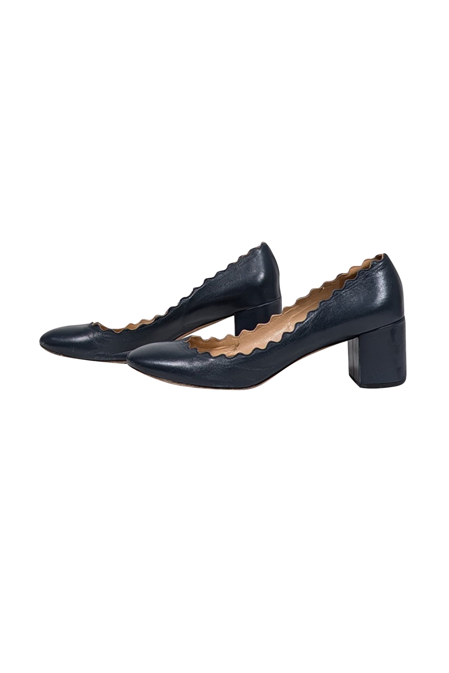 Chloe's Navy Leather Scallop Edge Low Heel Pumps - Size 8, Irresistible Style!