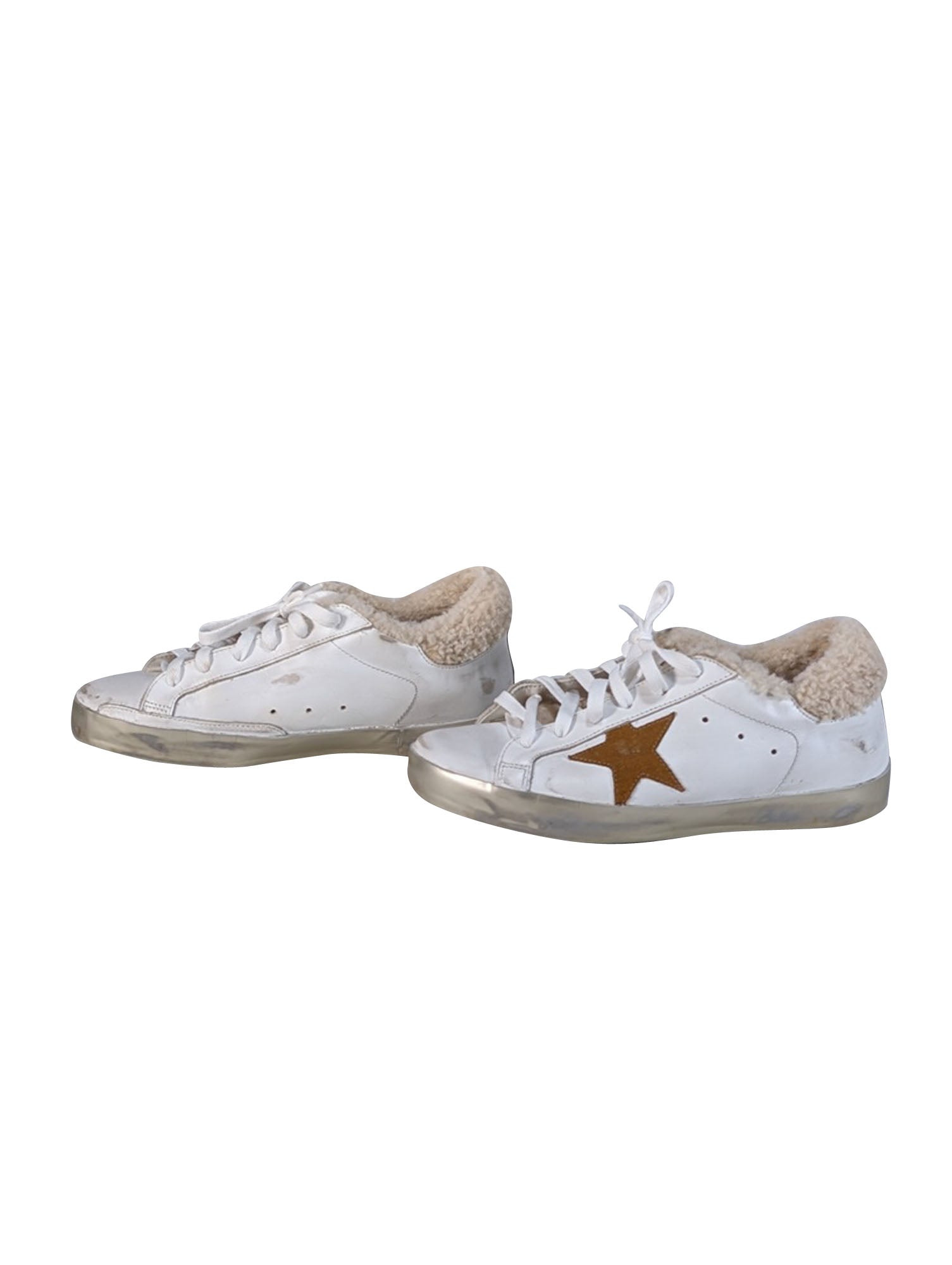 Golden Goose Ivory Leather Super-Star Sneakers with Tan Star & Shearling Trim - Size 9