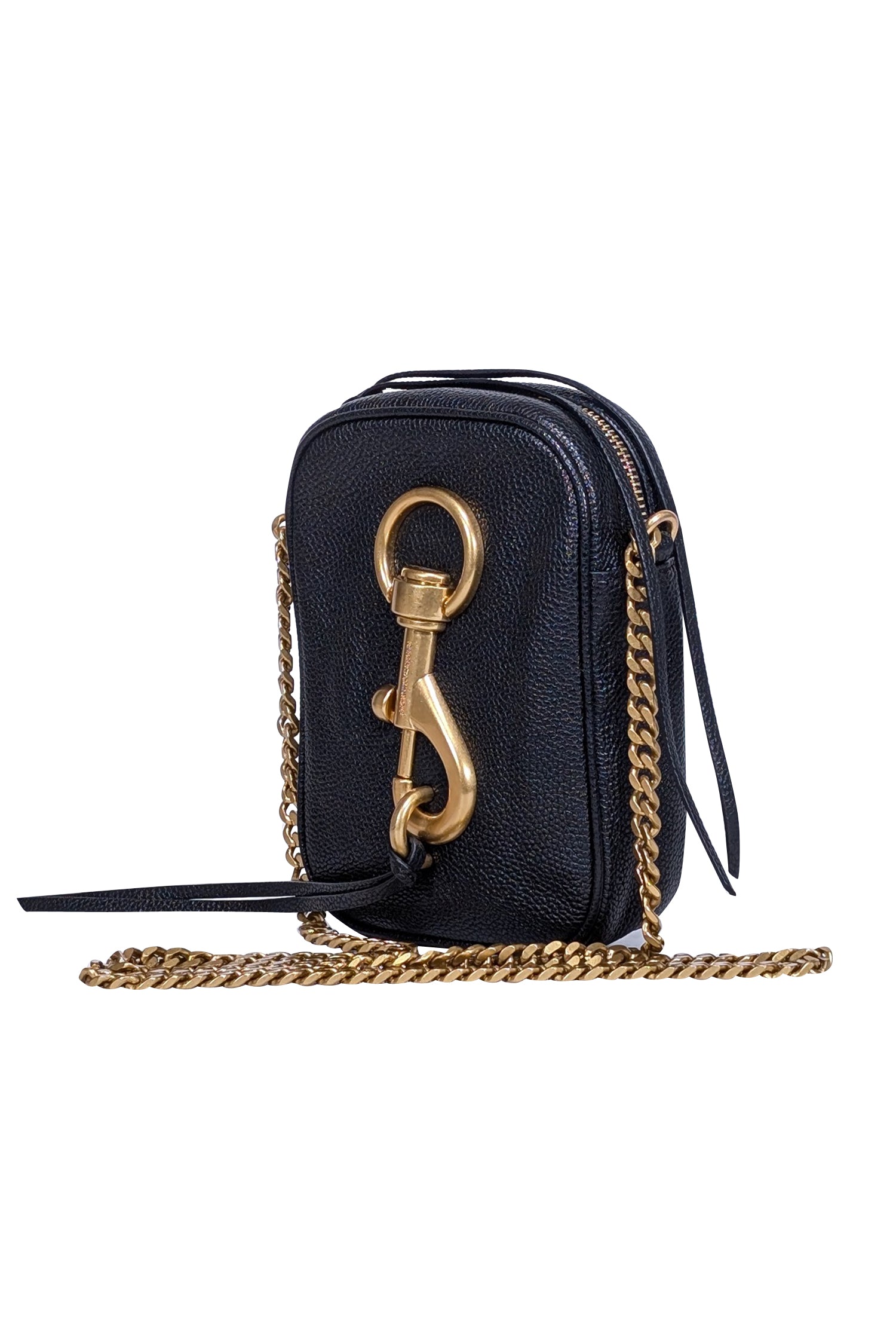 Rebecca Minkoff's Glamorous Black Pebbled Leather Crossbody Bag with Large Front Hook