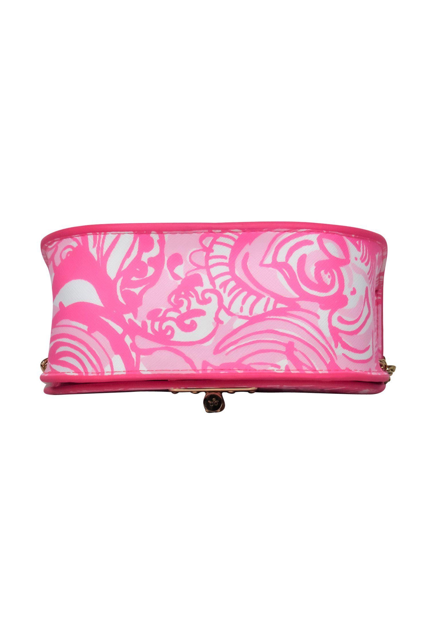 Lilly Pulitzer's Tropical Paradise: Pink Floral Leather Crossbody with Gold Chain and Faux Bamboo Handle