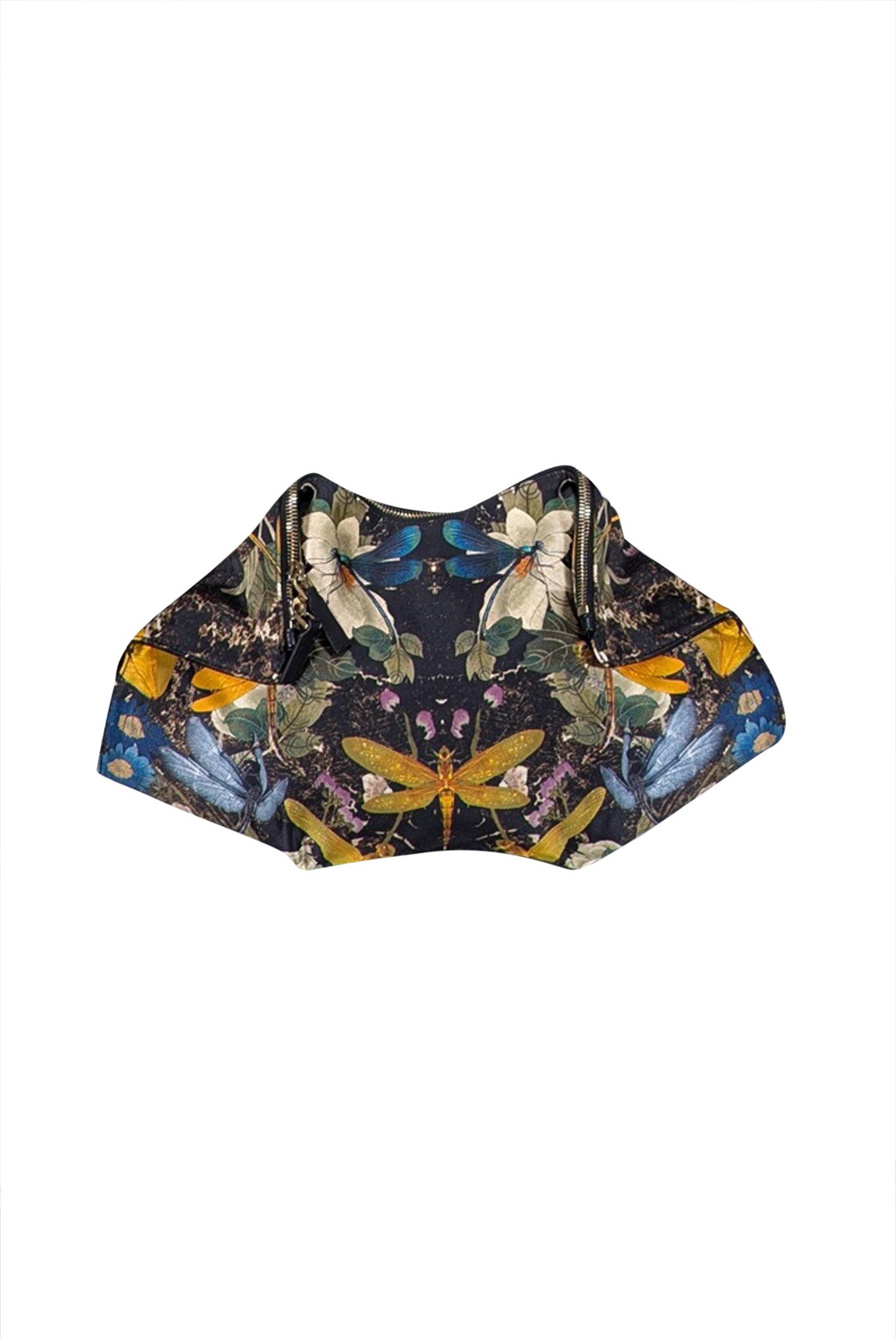 Alexander McQueen - Stunning Black Satin Manta Clutch with Orange & Blue Dragonfly Print