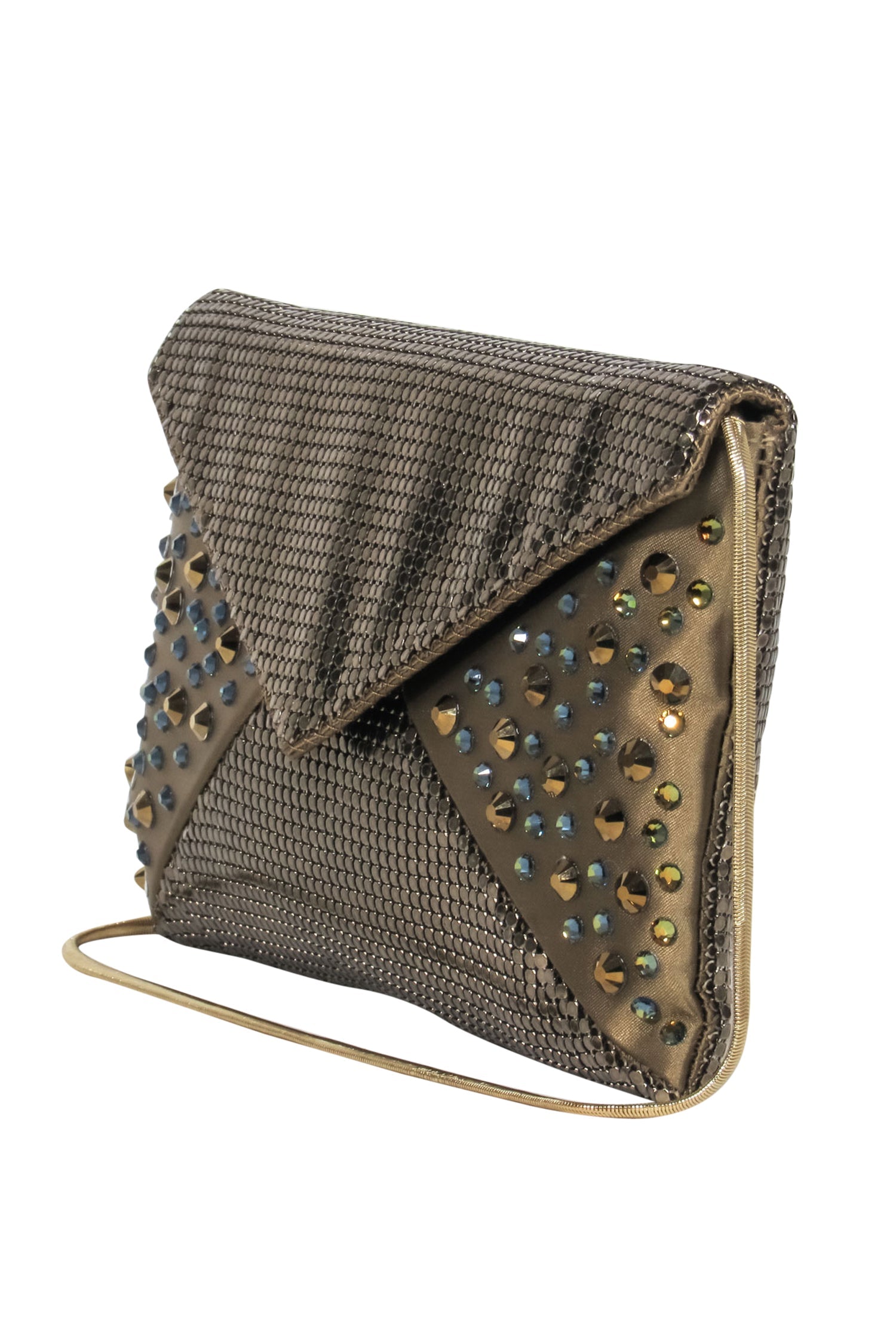 Whiting & Davis - Glamorous Gold Chainmail & Satin Fold-Over Baguette Bag with Rhinestone Bling