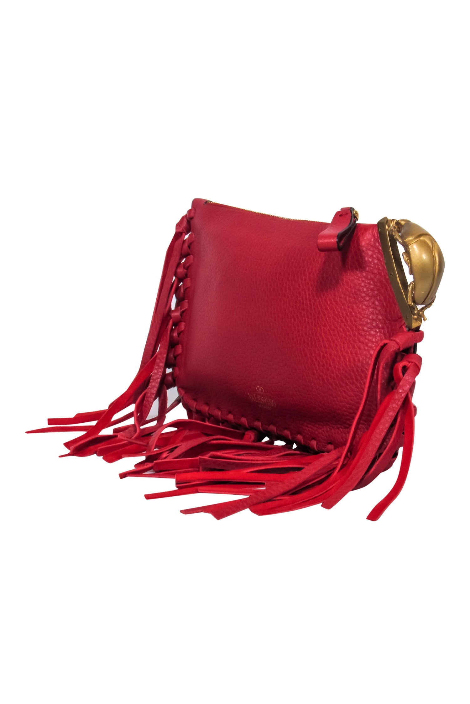 Valentino's Stunning Red Textured Leather Fringed Clutch with Beetle Handle