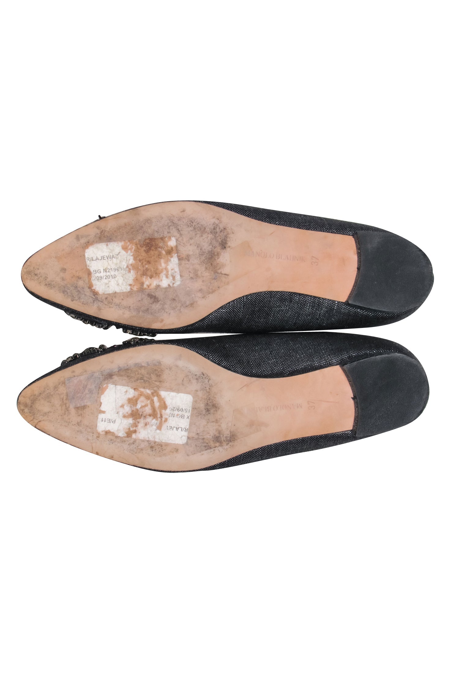 Manolo Blahnik Sparkling Crystal-Toe Canvas Flats - Size 7