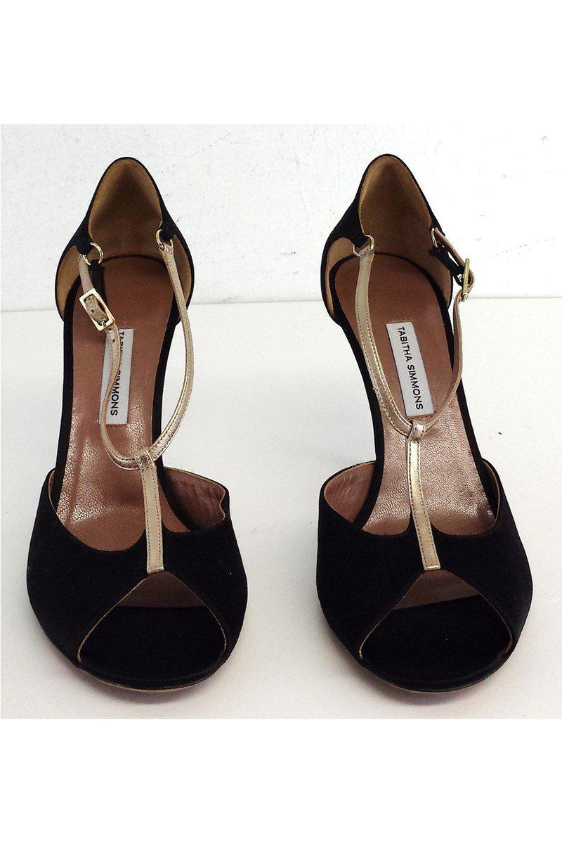 Gorgeous Tabitha Simmons Black & Gold Satin T Strap Heels - Size 8