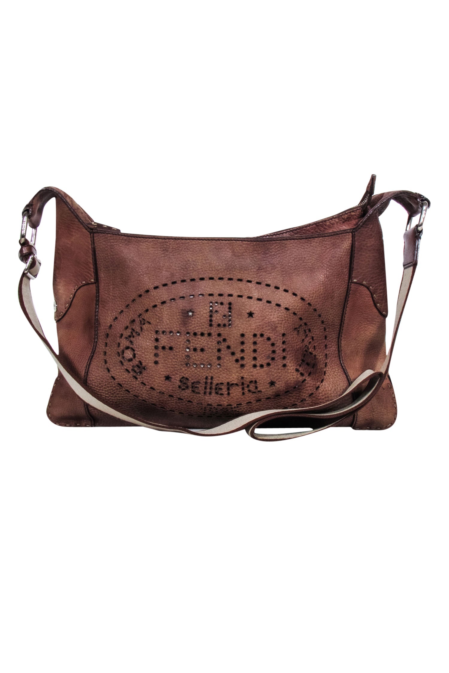 Fendi - Exquisite Brown Leather Laser - Cut Logo Crossbody Bag