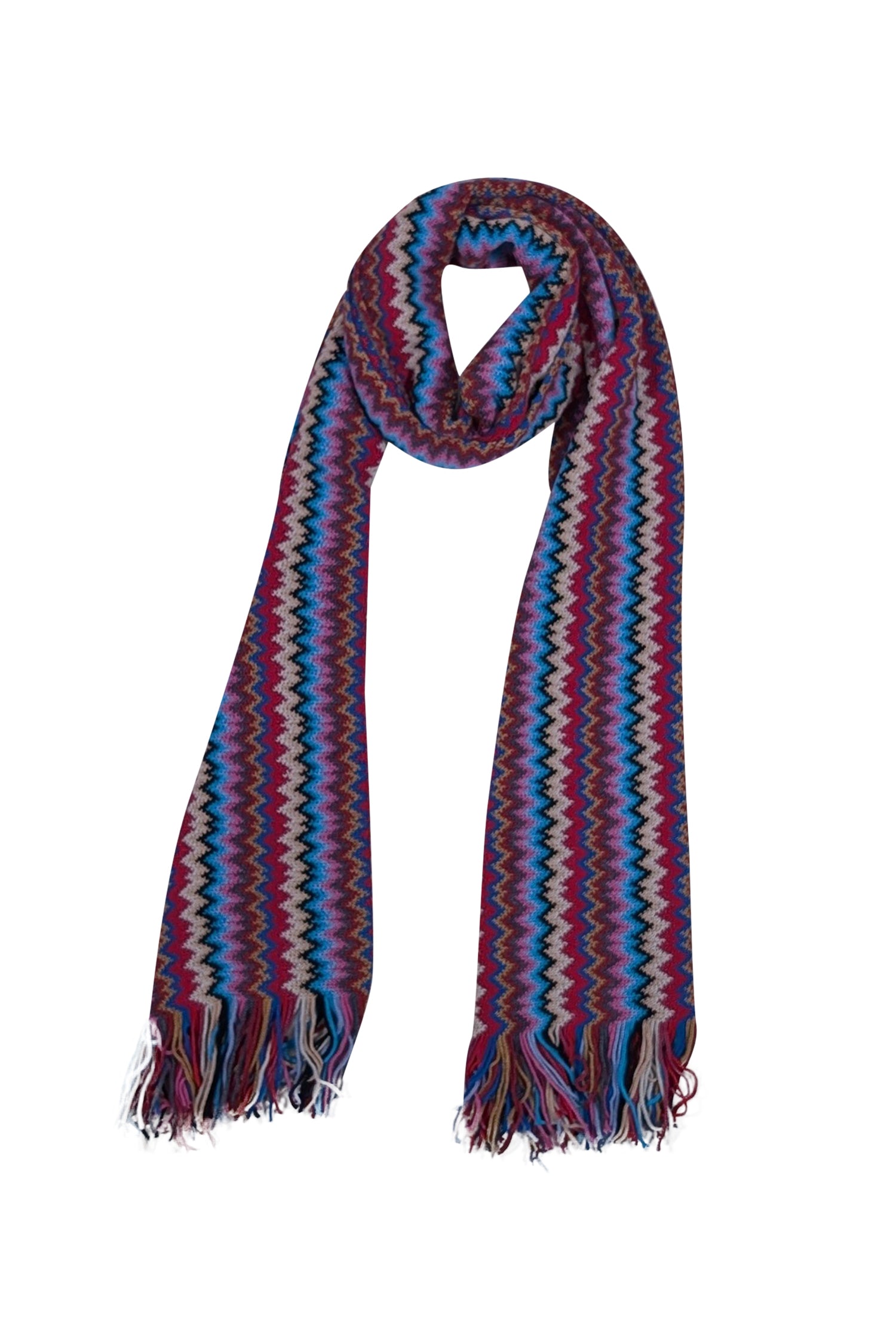 Missoni's Irresistible Pink & Multicolor Chevron Wool Blend Scarf with Fringe Trim