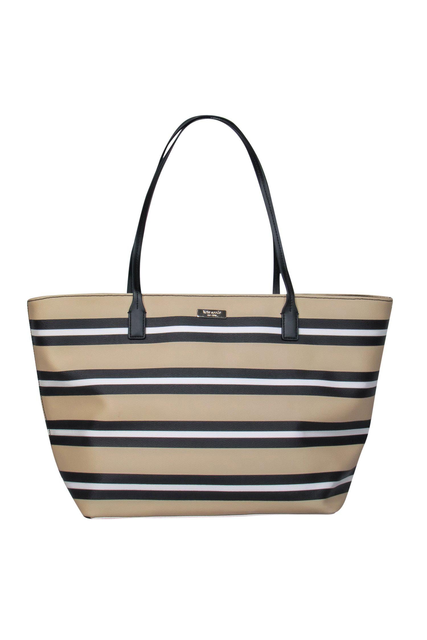 Kate Spade - Chic Beige & Black Striped Leather Tote for Effortless Style