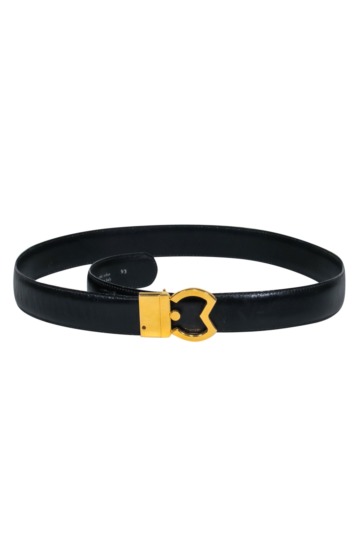 Mila Schon's Exquisite Black Leather Belt with Stunning Gold Clasp
