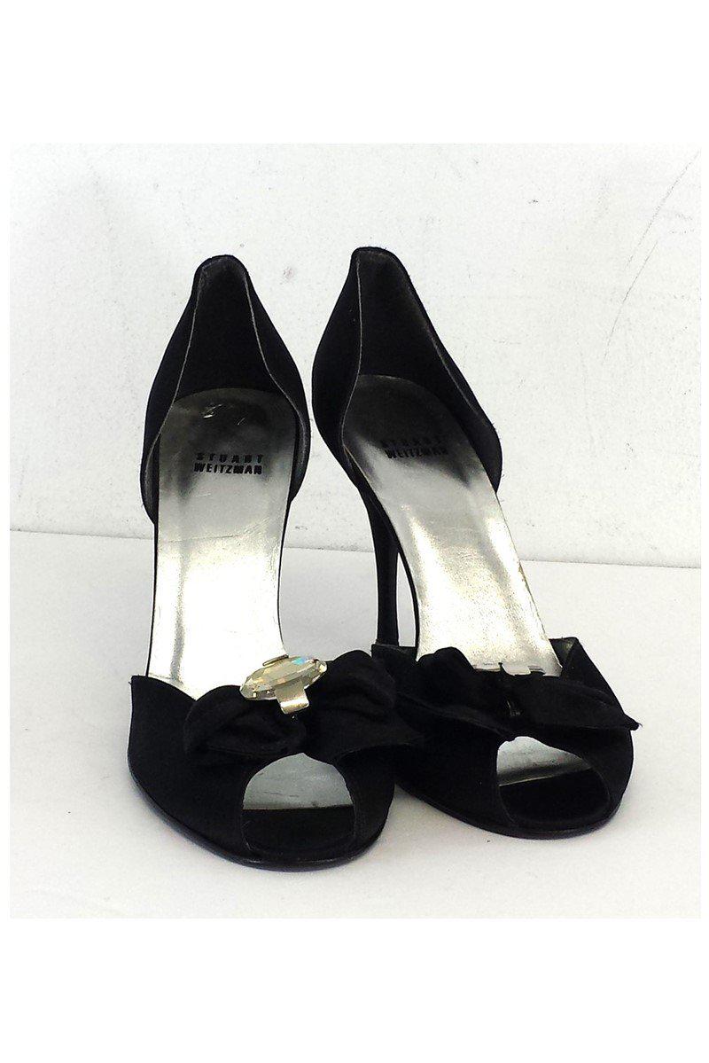 Stunning Stuart Weitzman Black Satin Jeweled Peep Toe Heels in Size 10 - Grab Yours Now!
