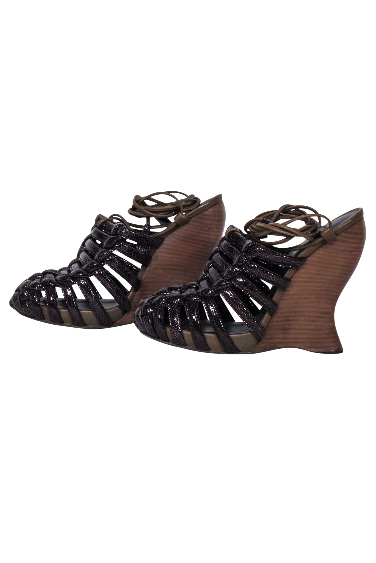 Bottega Veneta - Stunning Brown Patent Leather Wrap - Ankle Wedges, Size 8