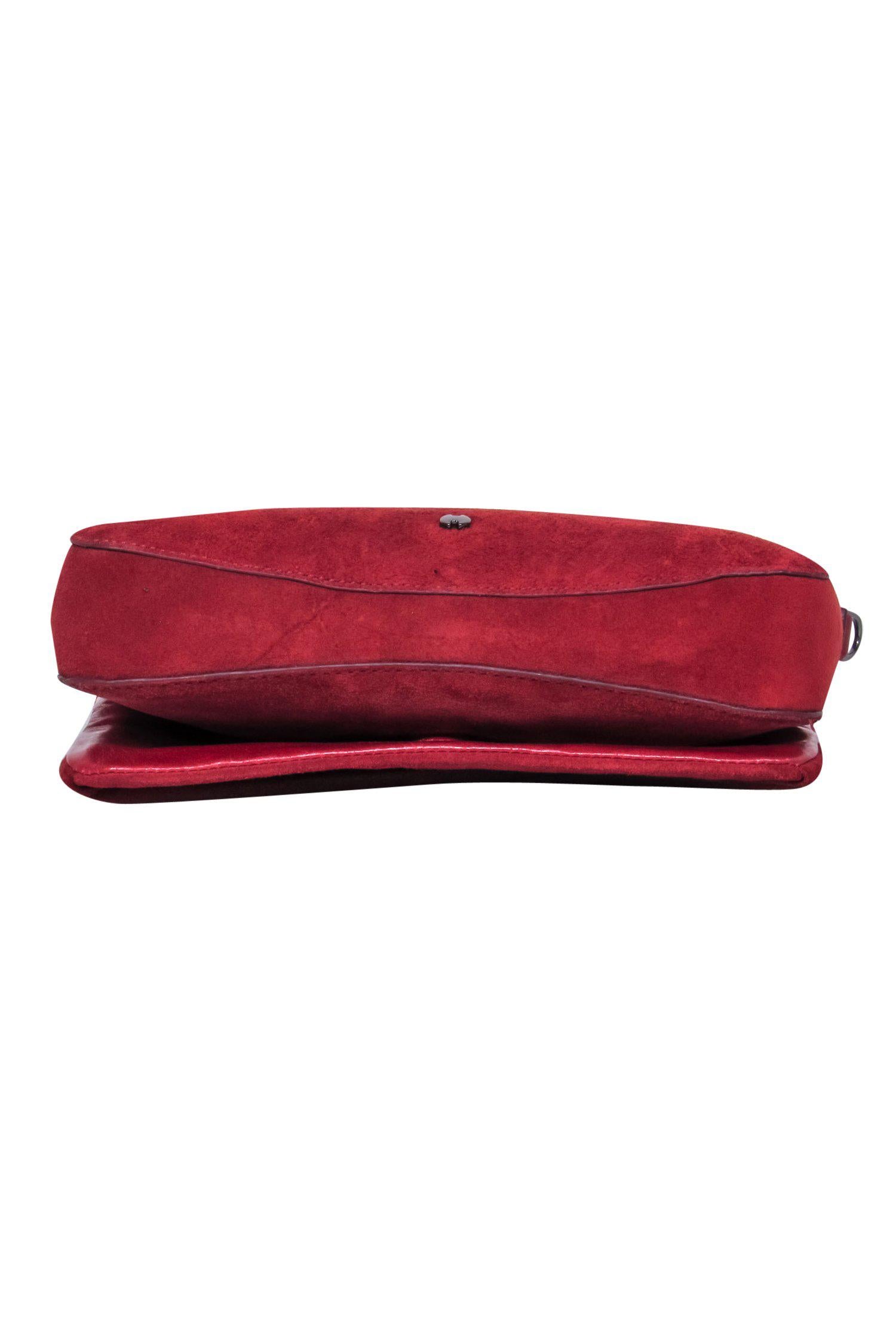 Halston's Brick Red Suede Fold-Over Gunmetal Chain Crossbody - A Luxurious Must-Have!