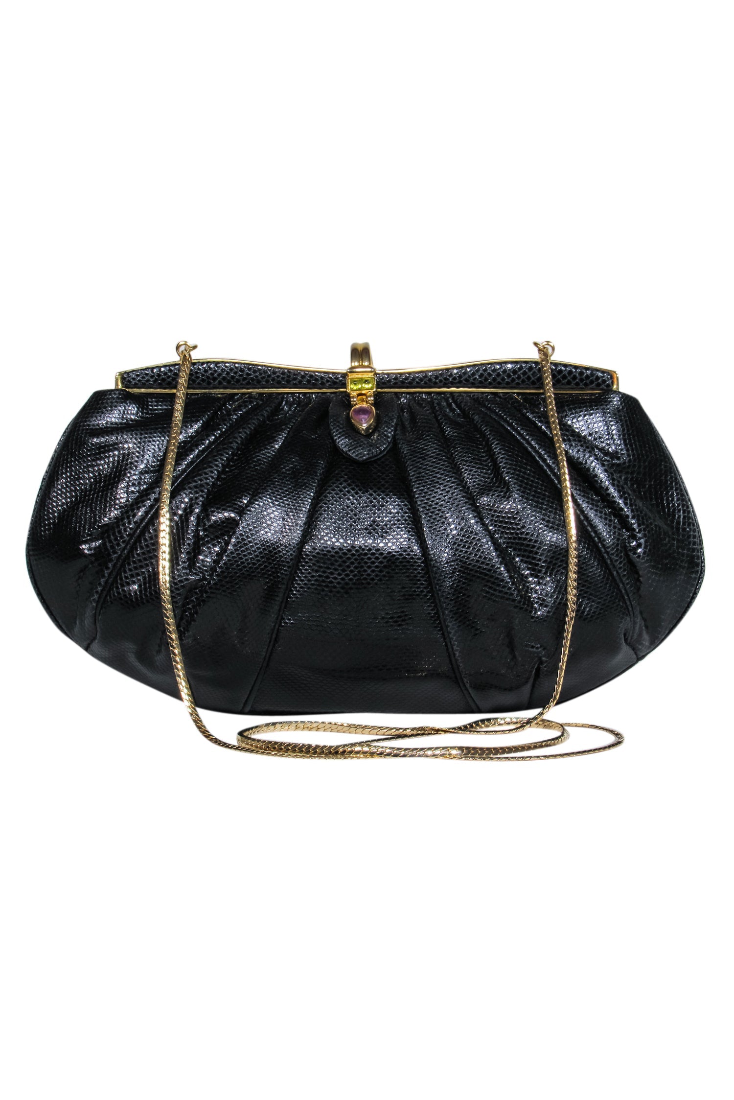 Judith Leiber - Exquisite Black Snakeskin Clutch with Purple & Green Gem Clasp
