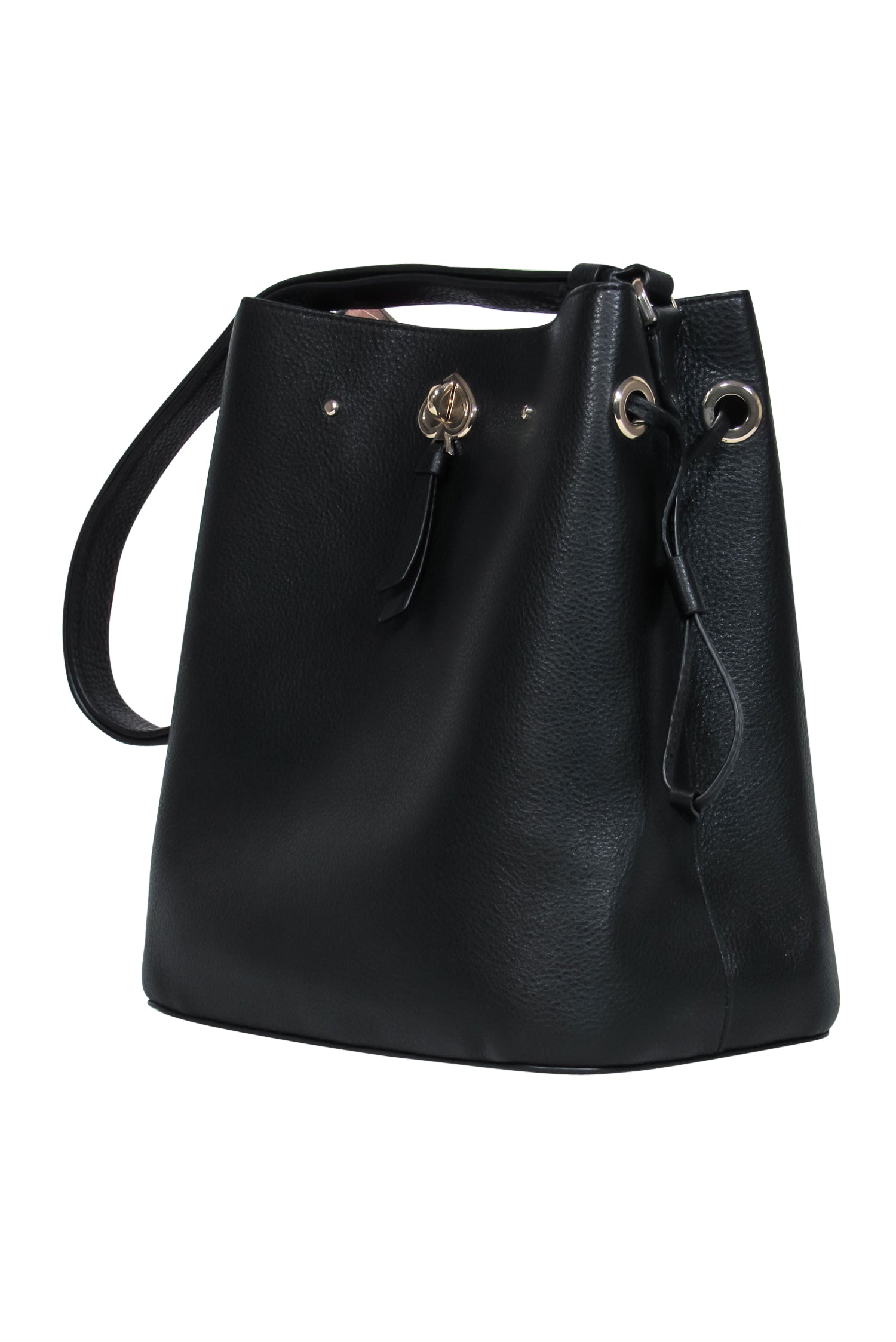 Kate Spade Black Pebbled Leather Marti Drawstring Bucket Bag with Iconic Spade Clasp