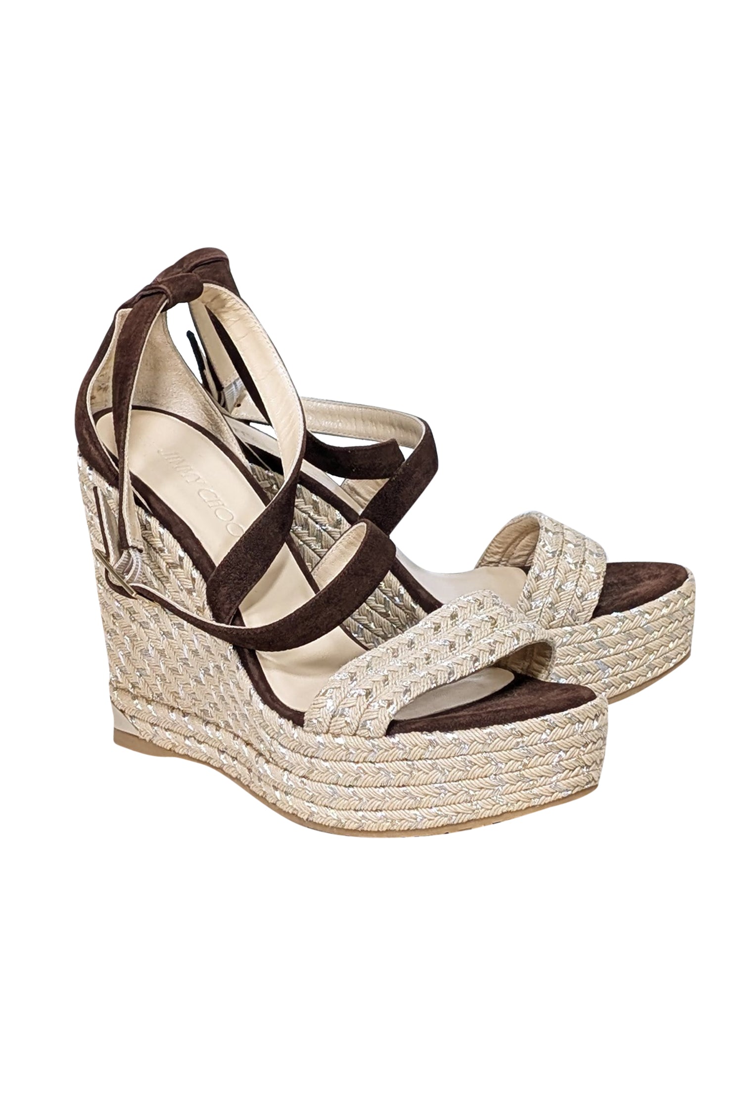 Jimmy Choo Beige & Brown Suede Espadrille Wedges - Size 10, Irresistible Vacation Footwear