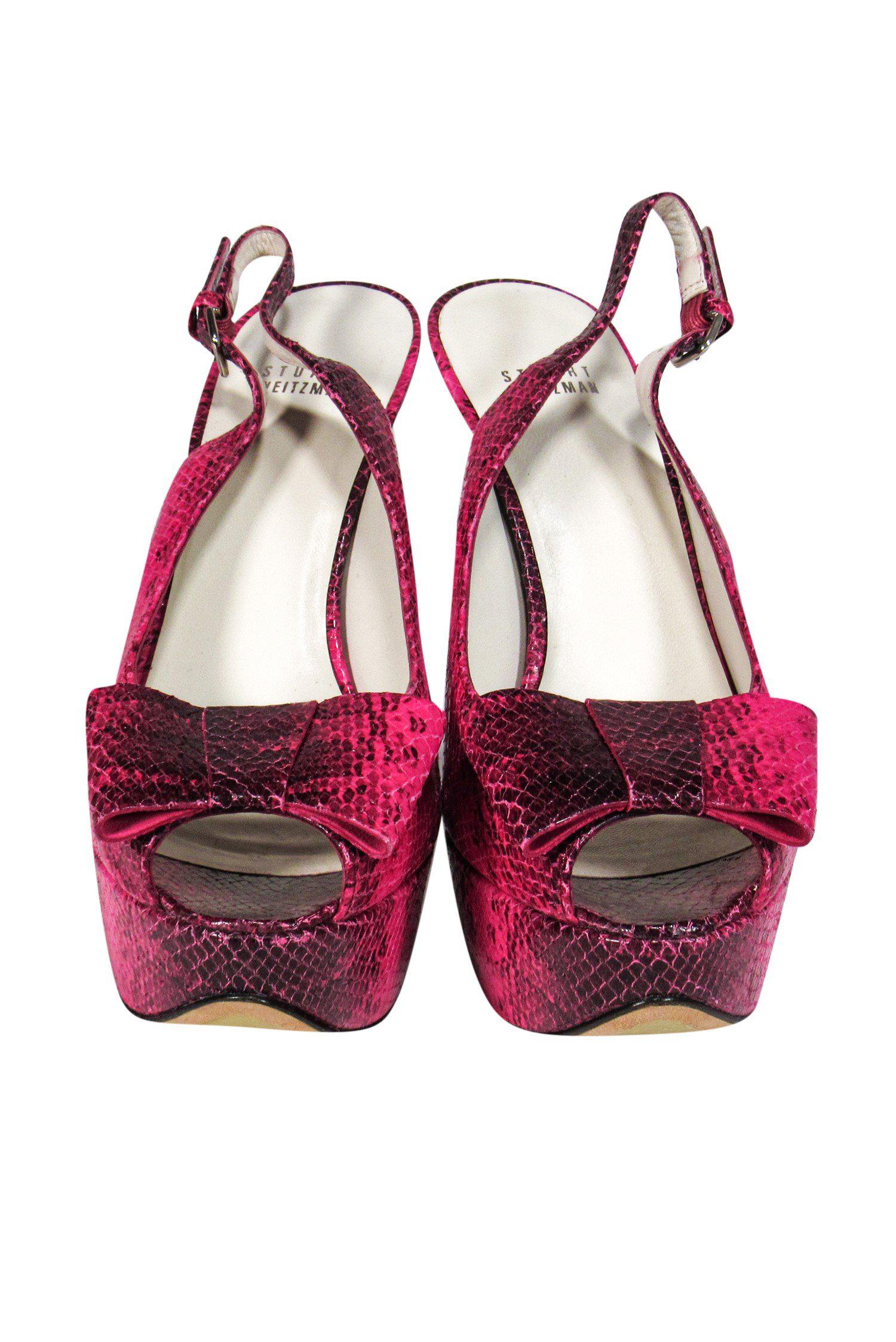 Stuart Weitzman Fuchsia Snakeskin Platform Heels with Bows - Size 9.5 - Perfect for a Night Out!