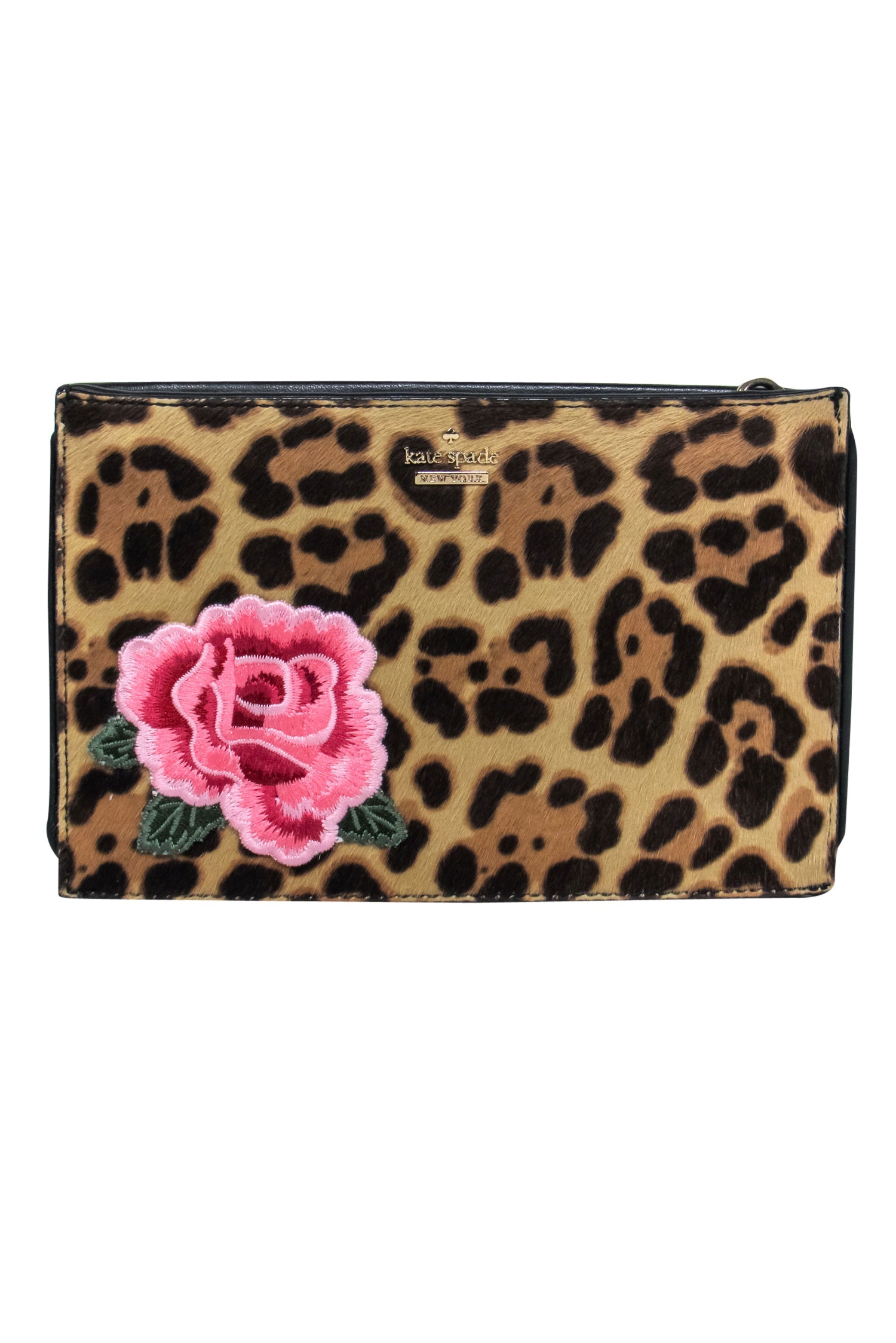 Kate Spade - Stunning Tan & Black Leopard Print Calf Hair Zippered Clutch with Floral Embroidery