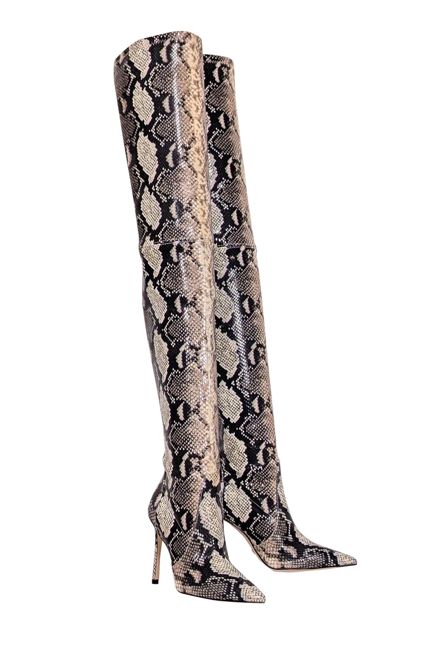 Stuart Weitzman - Stunning Beige & Black Snake Skin Print Heeled Tall Boots in Size 6.5