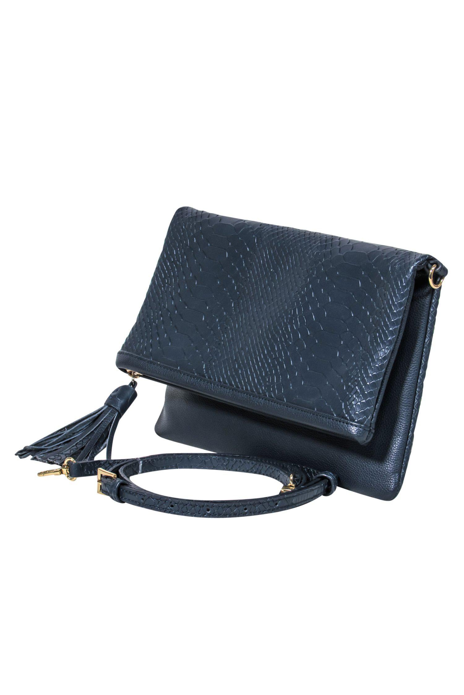Gigi New York - Stunning Slate Gray Fold-Over Snakeskin-Textured Crossbody Bag