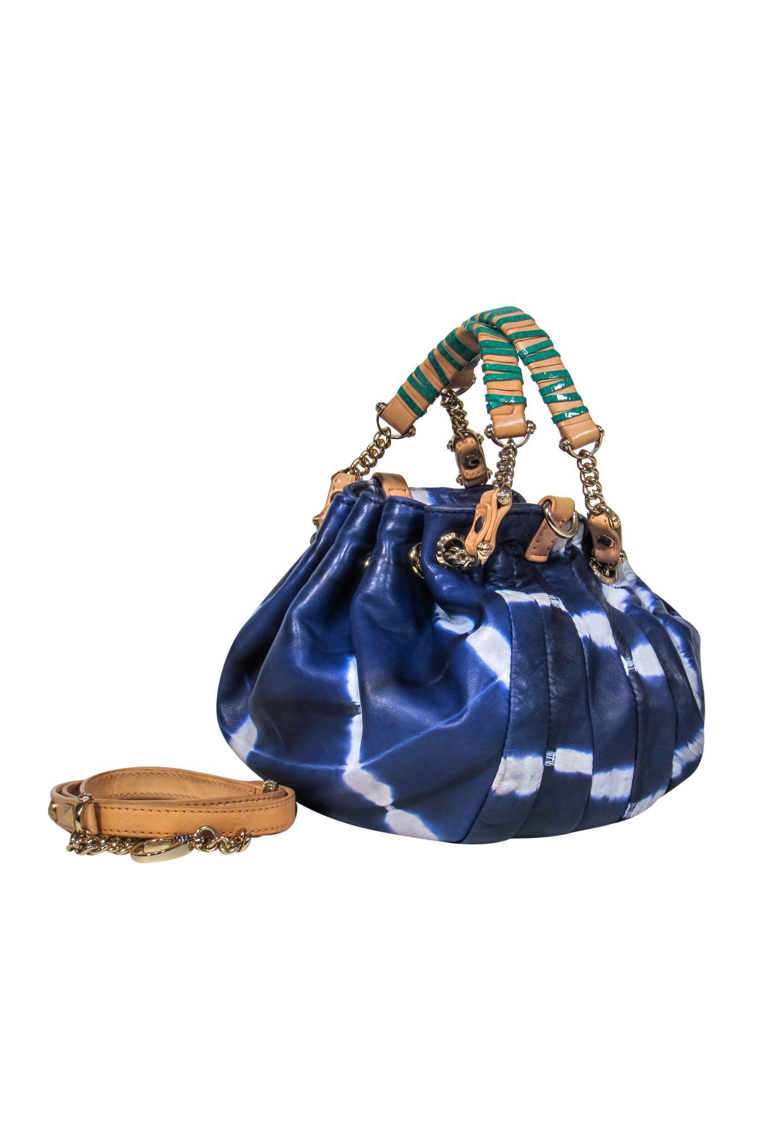Henri Bendel's Chic Small Blue Tie-Dye Leather Bucket Bag with Green Trim