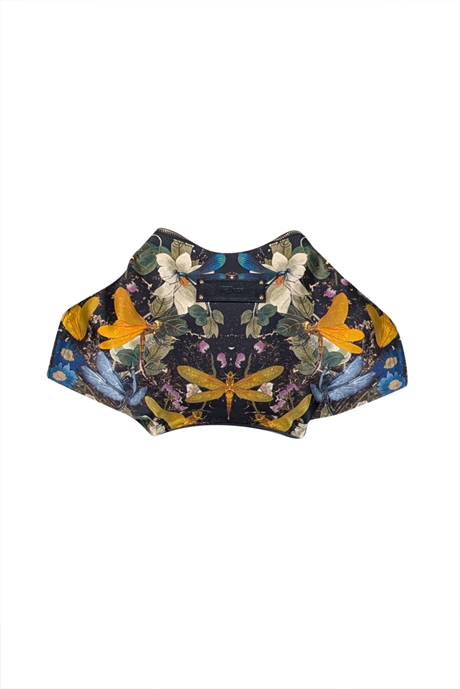 Alexander McQueen - Stunning Black Satin Manta Clutch with Orange & Blue Dragonfly Print