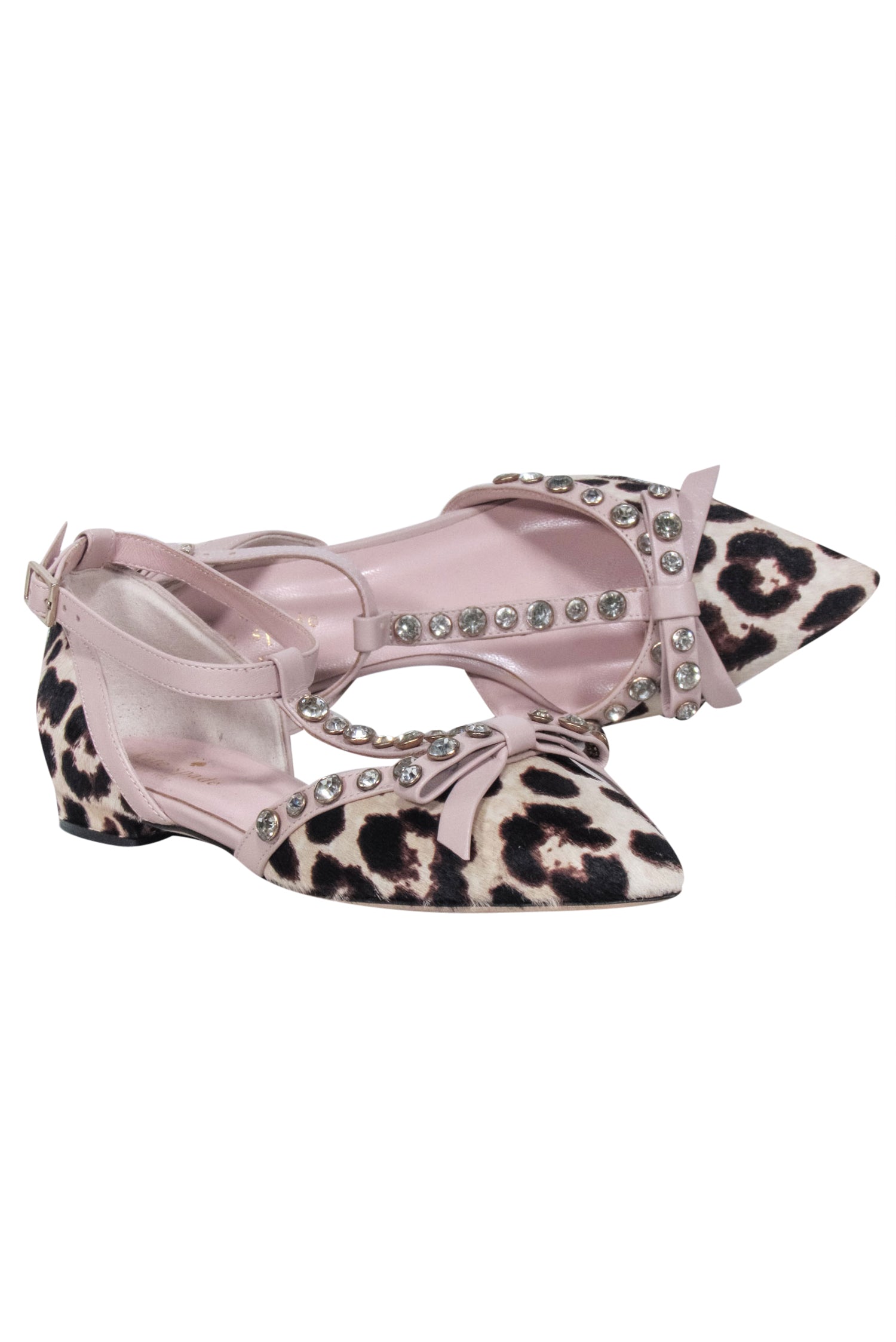 Kate Spade Leopard Print Flats with Jeweled Bow Straps - Size 6, Beige, Brown & Black