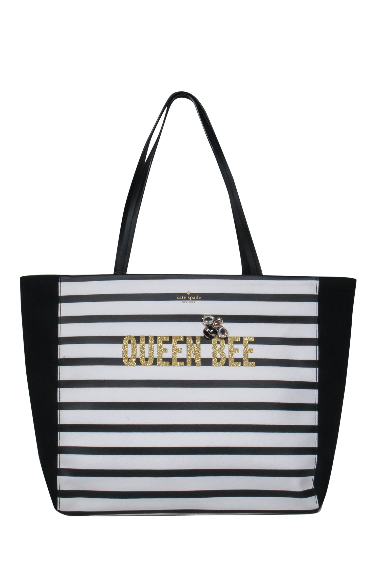 Kate Spade Queen Bee Hallie Tote: Black & White Stripes with Jeweled Bee