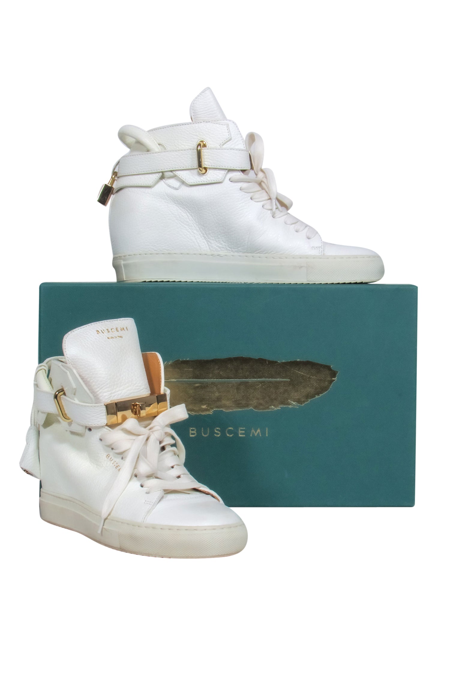 Buscemi White 100MM Luxury Sneakers with Gold-Toned Hardware - Size 9.5