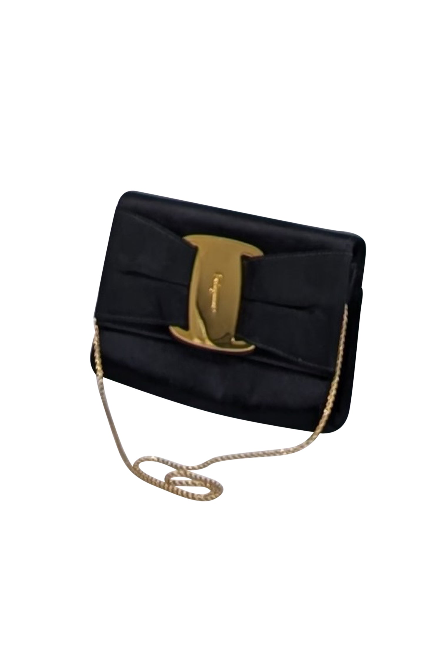 Ferragamo's Chic Black Satin Bow Front Clutch with Thin Gold Chain Strap