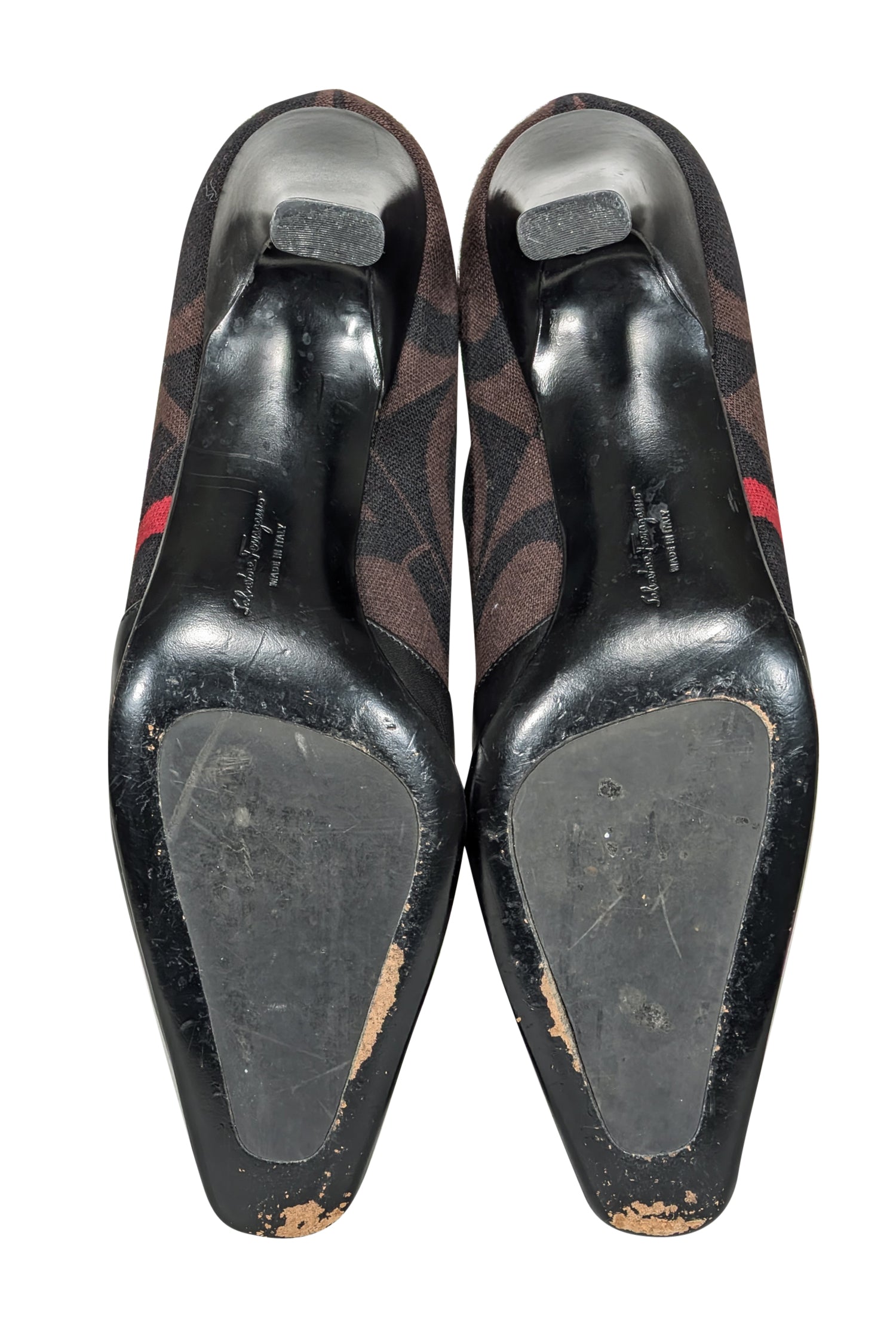 Ferragamo Stylish Black Leather Short Boots with Brown & Red Print - Size 9