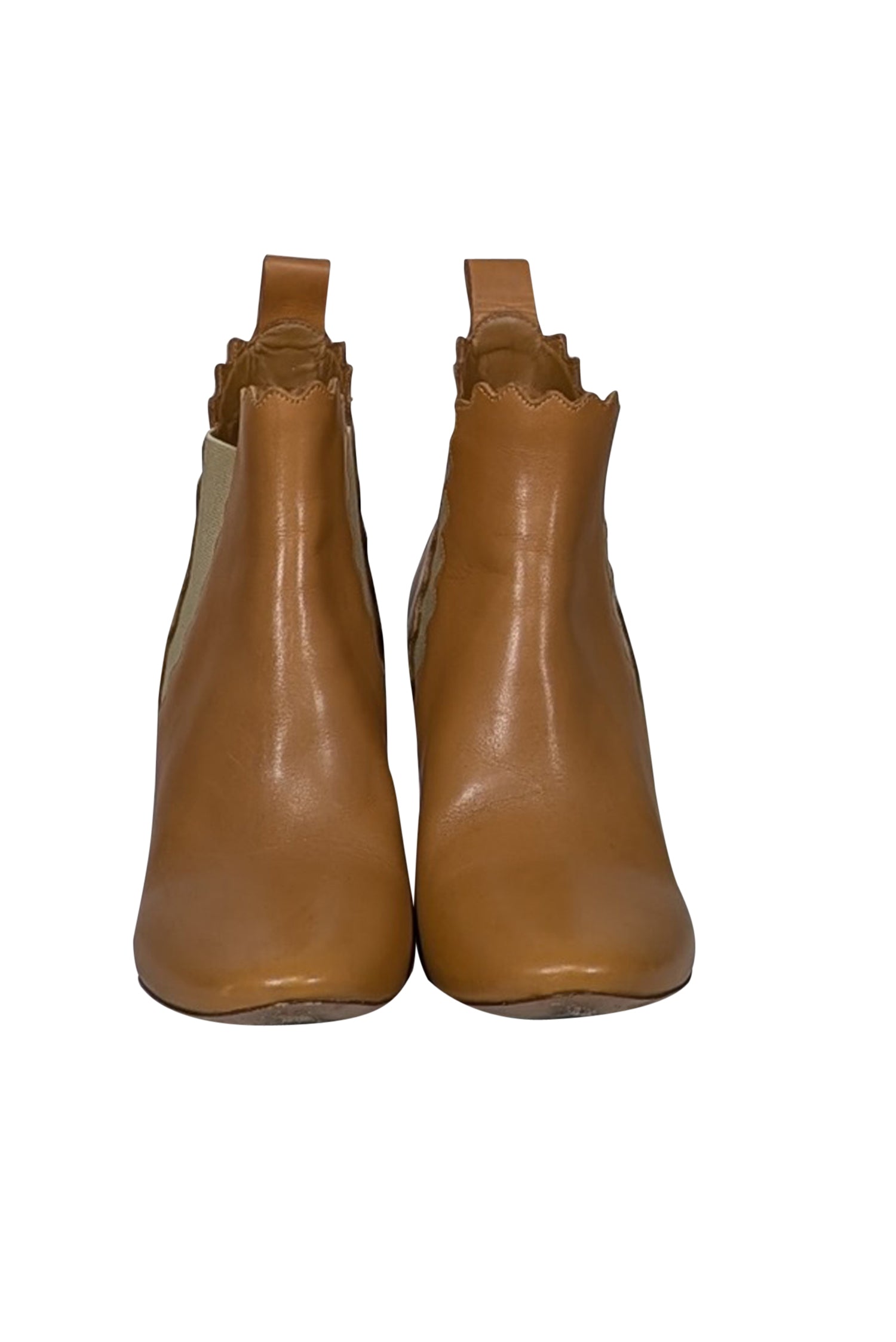 Chloe's Irresistible Tan Leather Scalloped Trim Chelsea Short Boots - Size 8.5